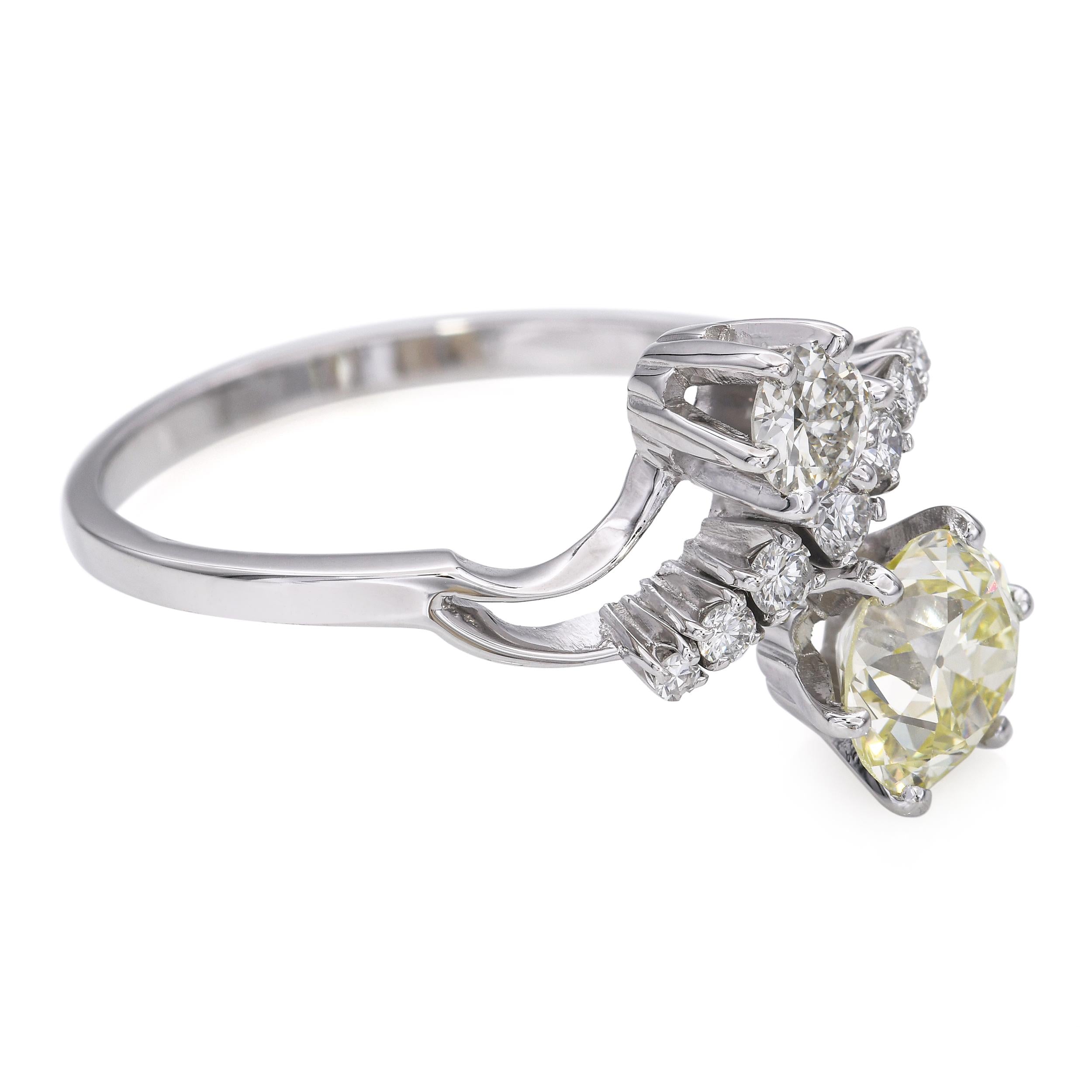 Vintage 18k White Gold 1.75tcw Yellow Old Euro Diamond Statement Ring