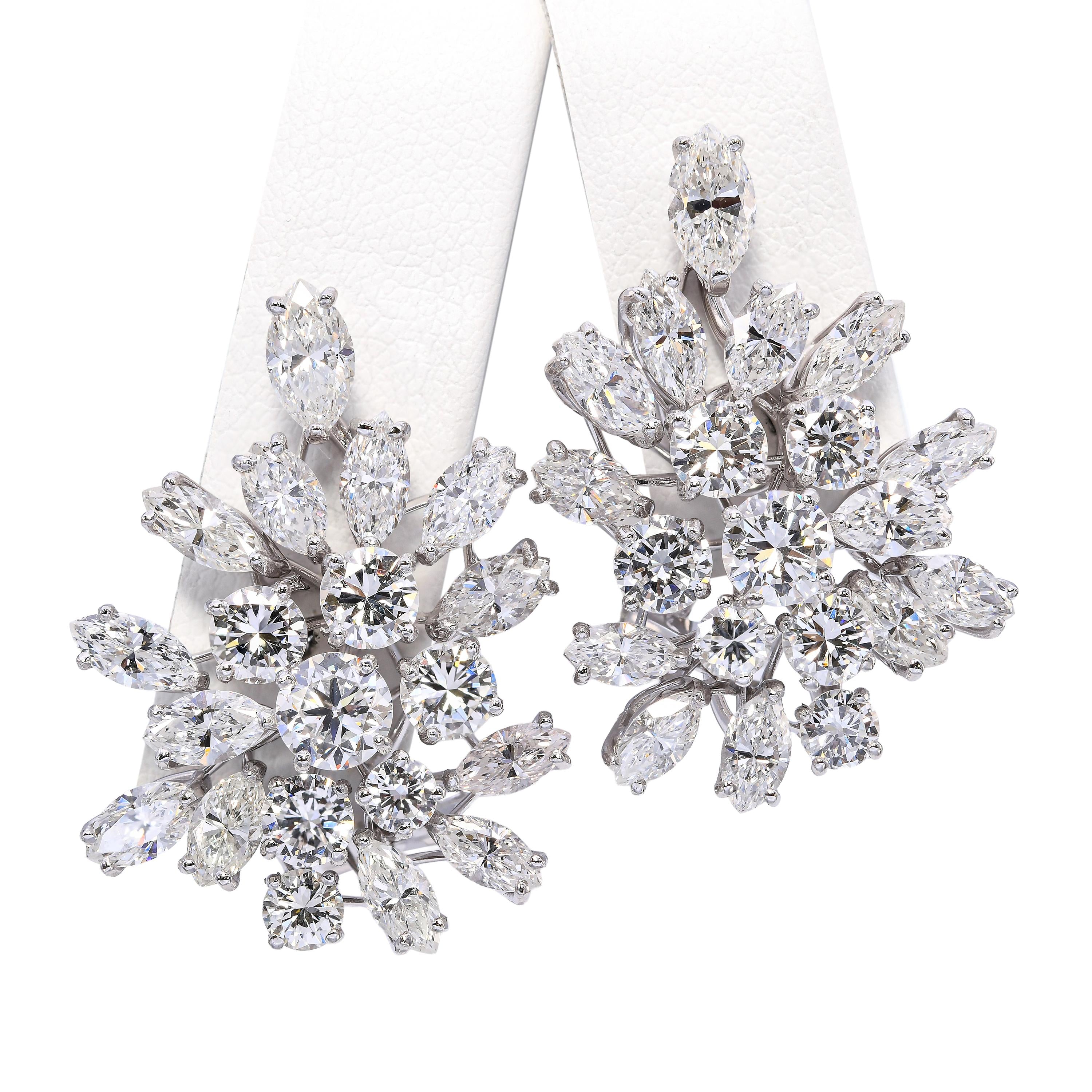 Vintage Platinum 10.15tcw I VS Diamond Cluster Statement Earrings