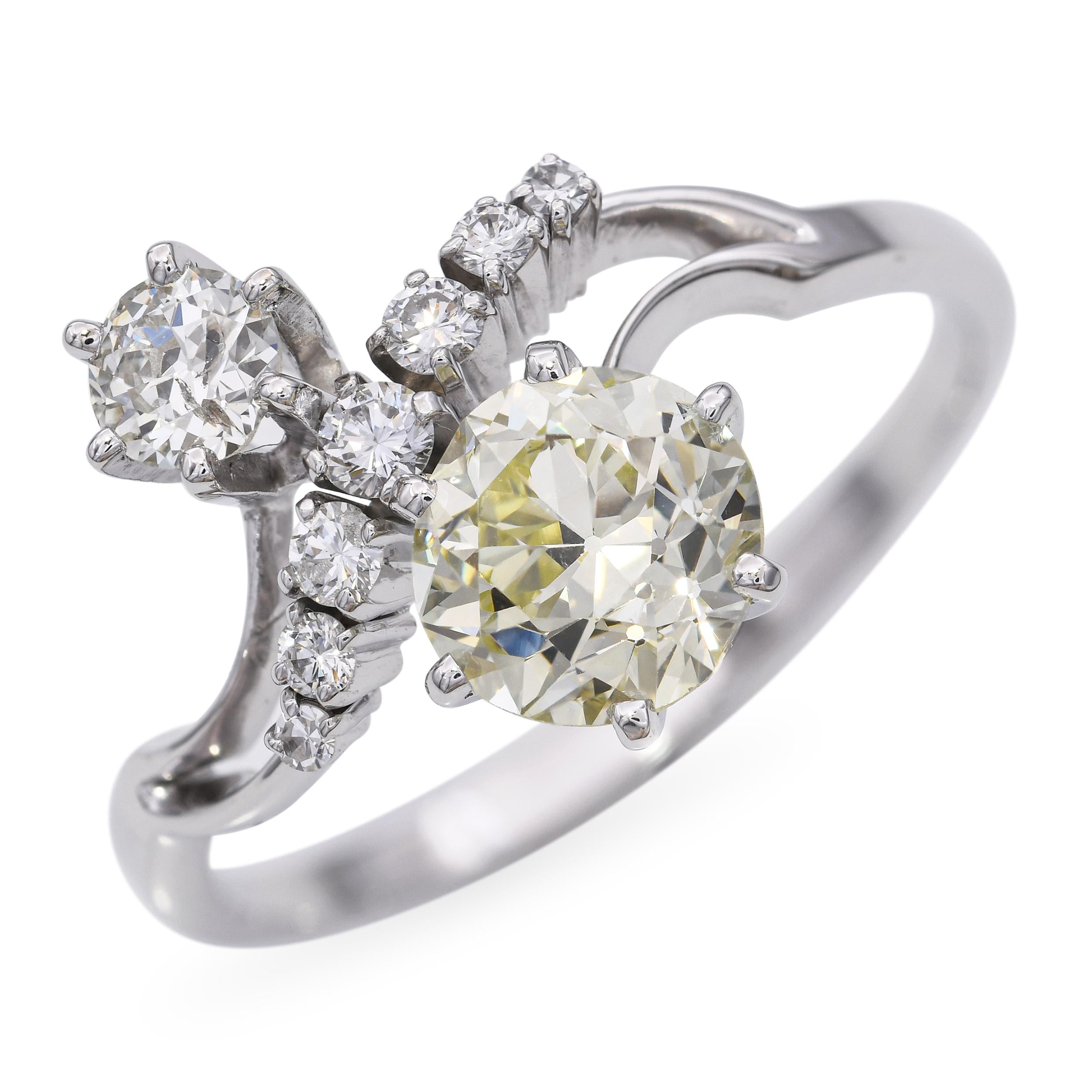 Vintage 18k White Gold 1.75tcw Yellow Old Euro Diamond Statement Ring