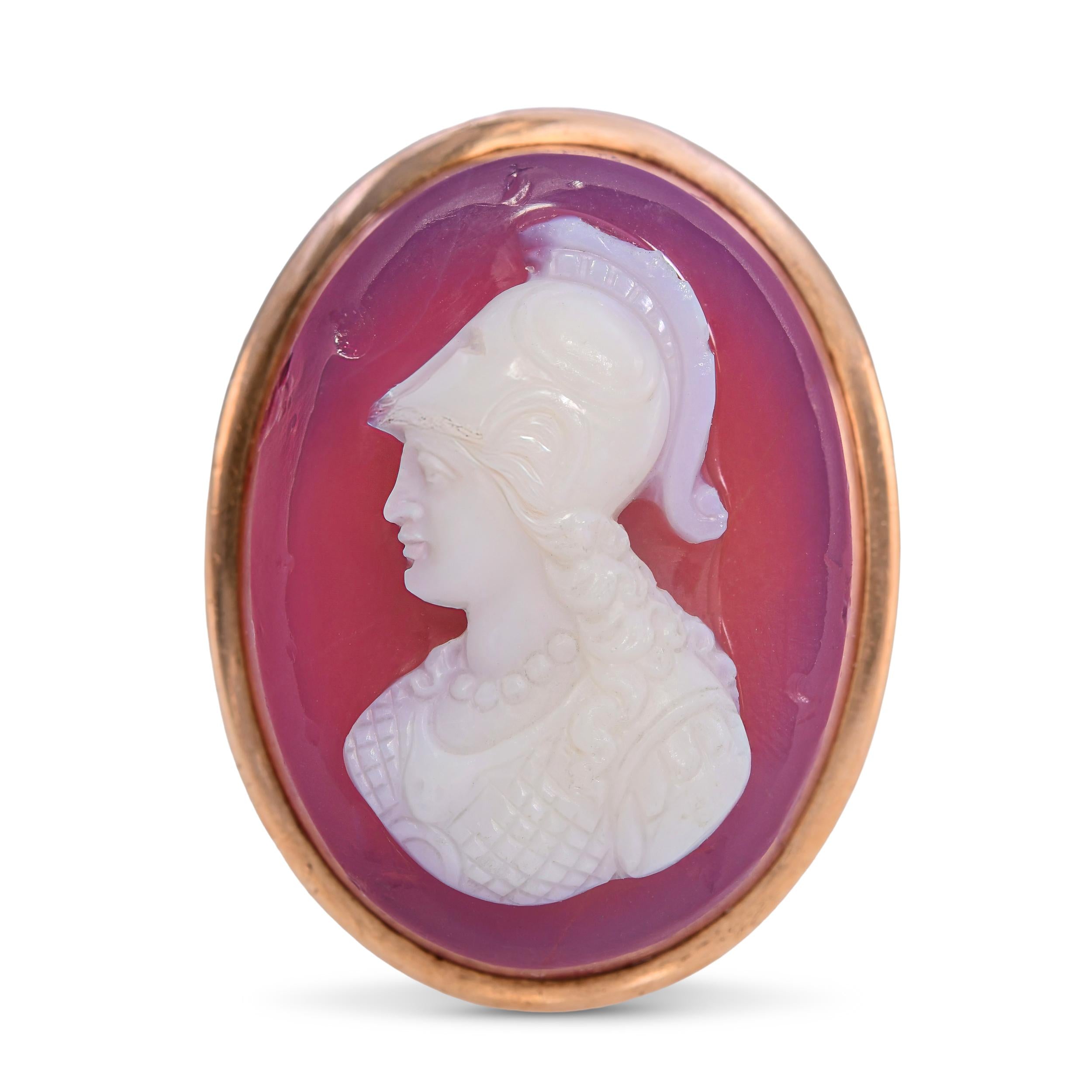 Antique Neoclassical Rose Gold Carved Agate Athena Goddess of War Cameo Ring