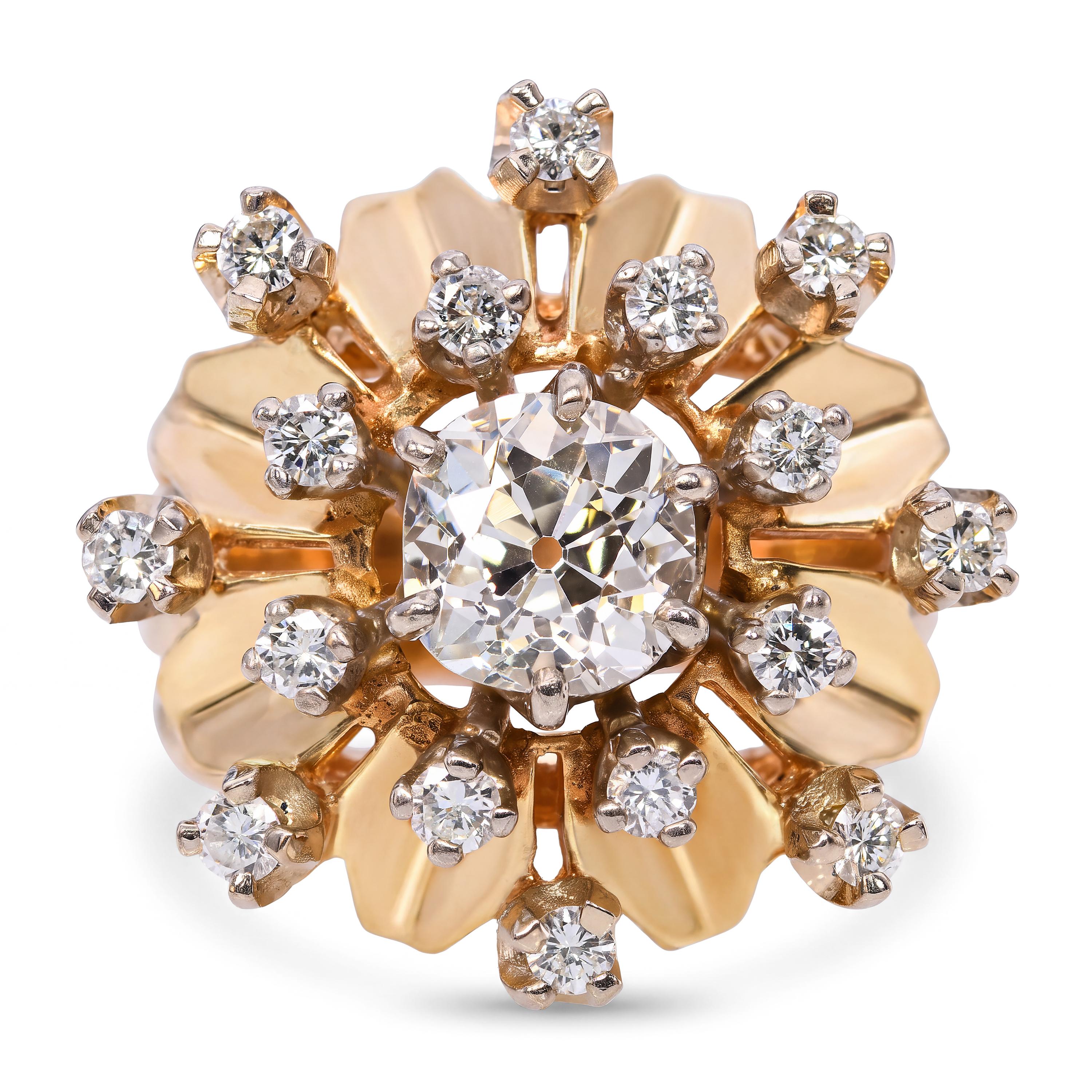 Vintage 14k Yellow Gold GIA 1.44ct L Si1 Old Mine Cut Diamond Starburst Ring