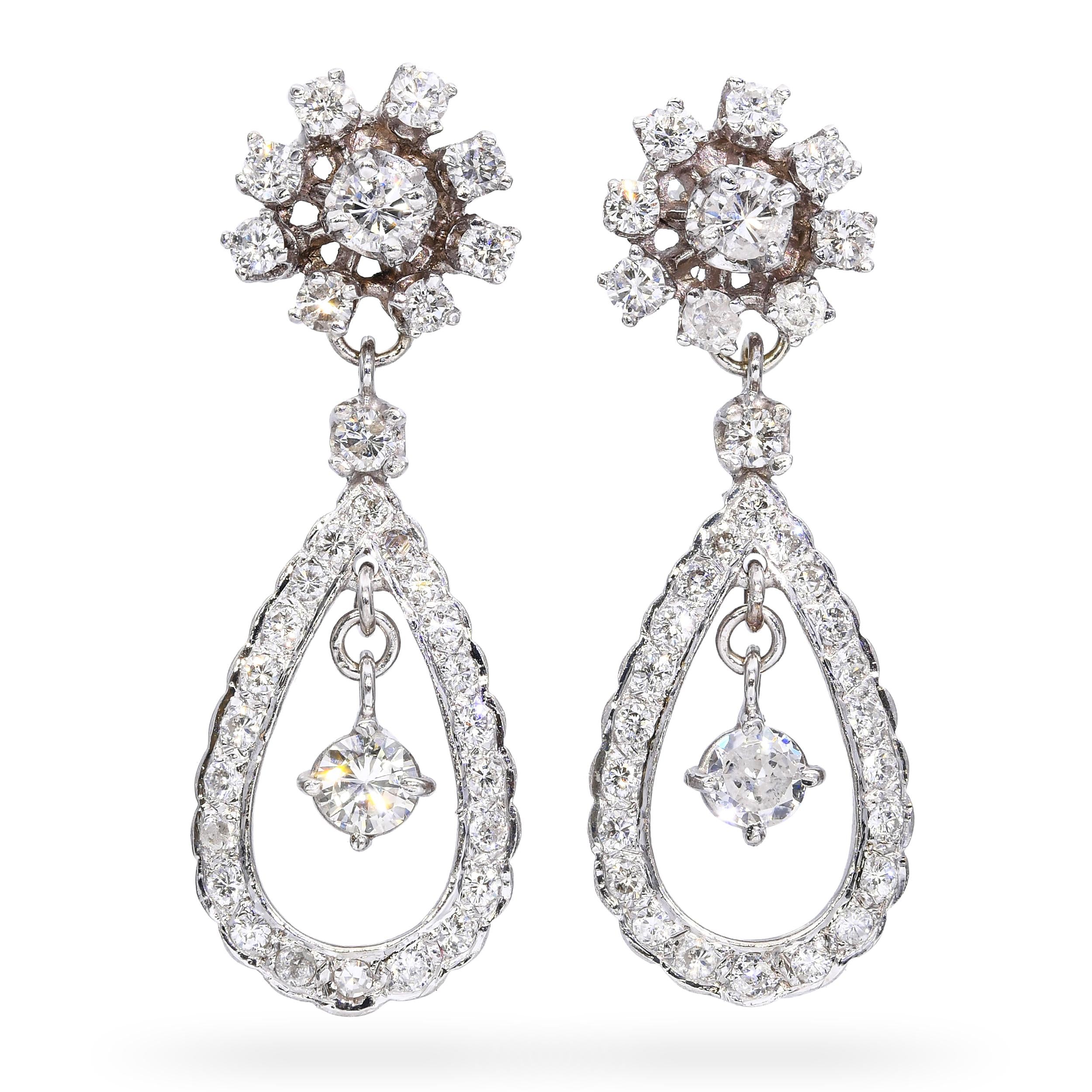 Vintage 13k White Gold 1.95tcw J Si1 Diamond Loop Dangle Earrings