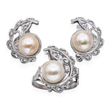 Vintage 9k White Gold Single Cut Diamond and Pearl Ring and Stud Earring Set