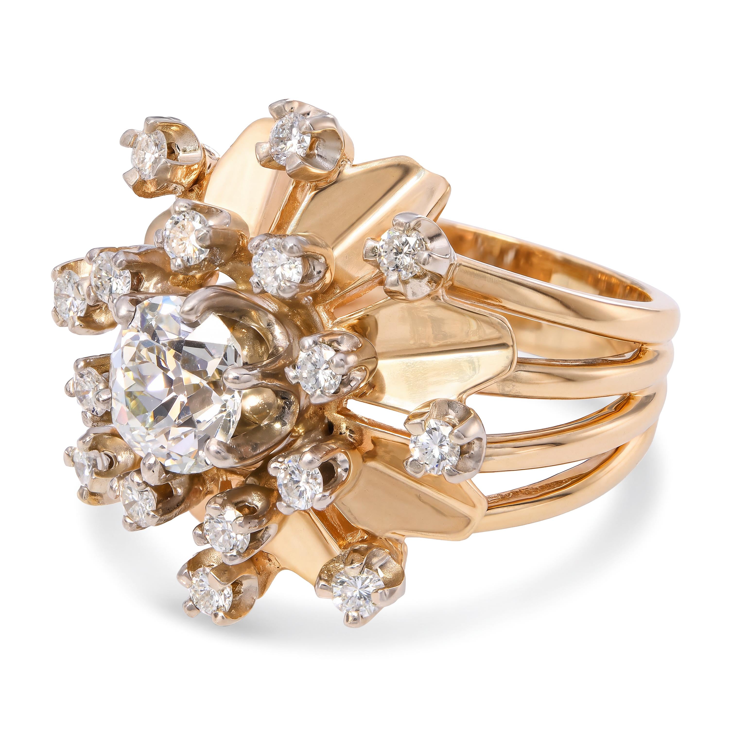 Vintage 14k Yellow Gold GIA 1.44ct L Si1 Old Mine Cut Diamond Starburst Ring