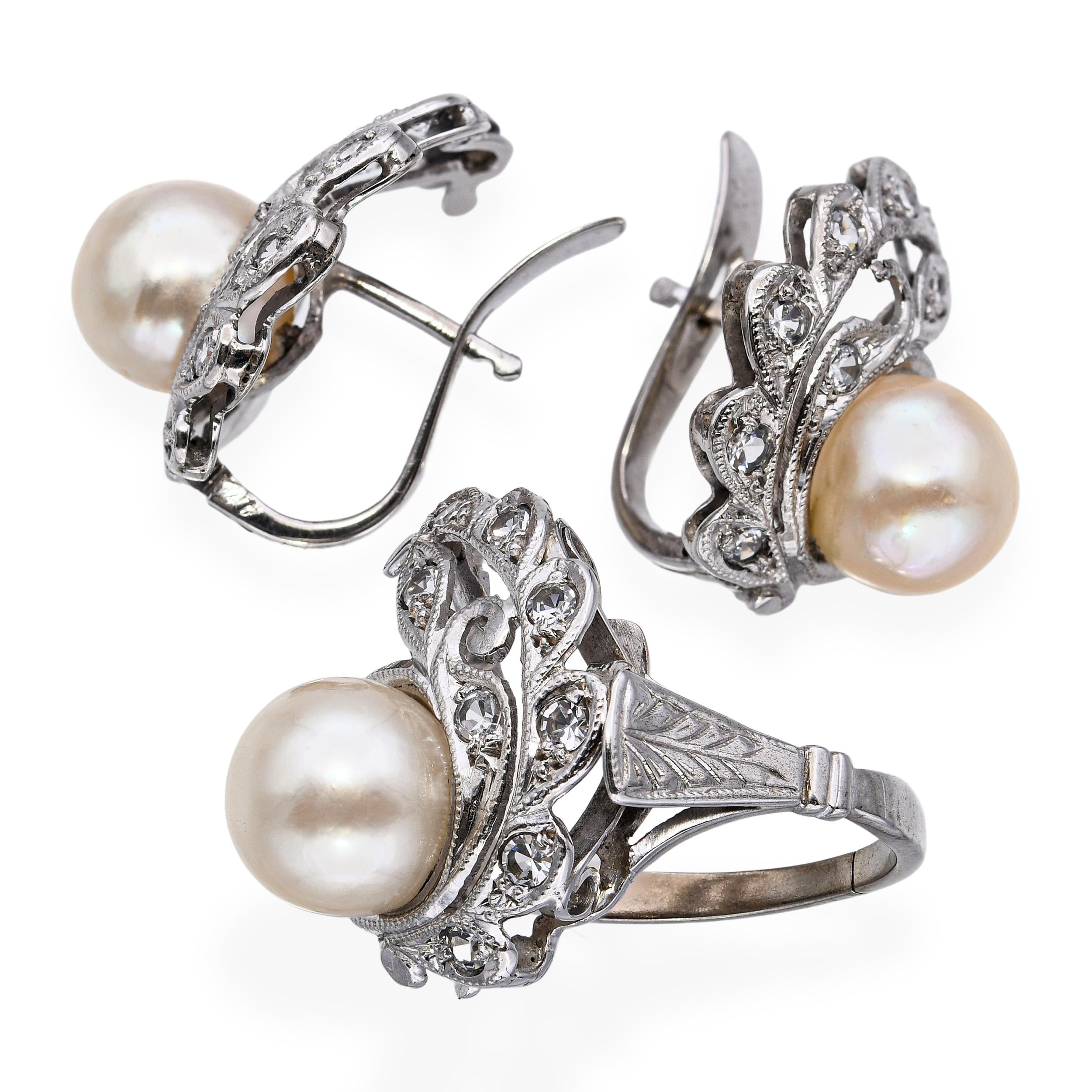Vintage 9k White Gold Single Cut Diamond and Pearl Ring and Stud Earring Set
