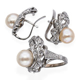 Vintage 9k White Gold Single Cut Diamond and Pearl Ring and Stud Earring Set