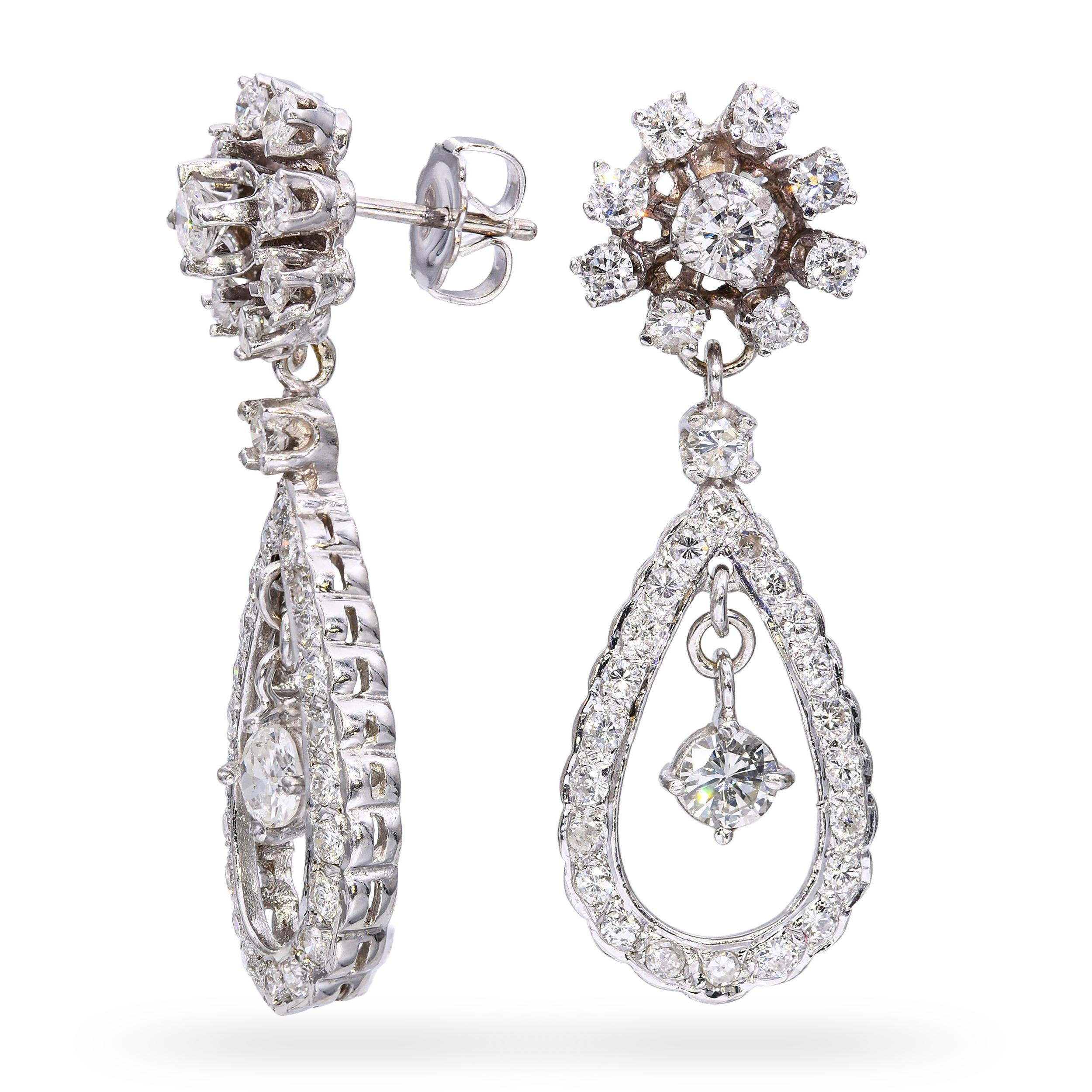 Vintage 13k White Gold 1.95tcw J Si1 Diamond Loop Dangle Earrings