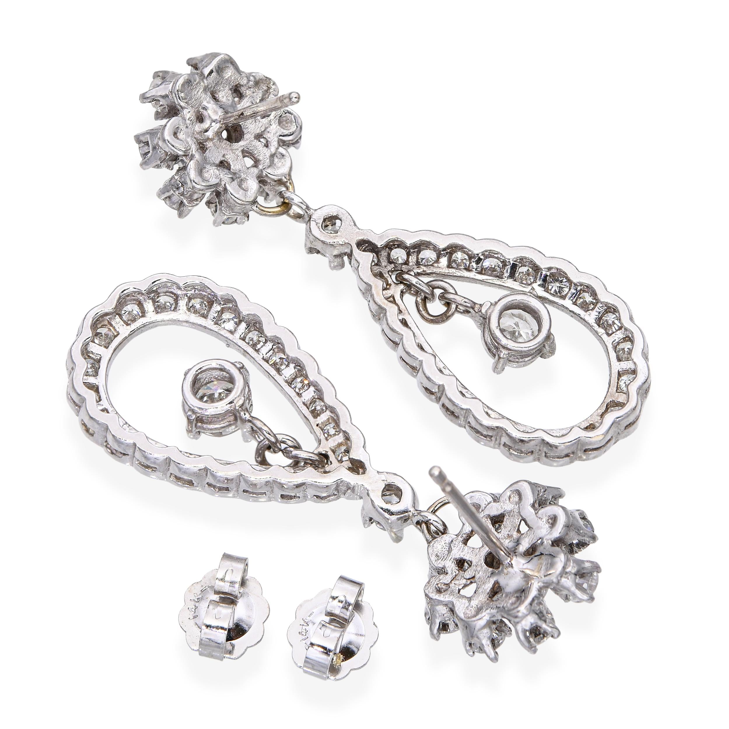 Vintage 13k White Gold 1.95tcw J Si1 Diamond Loop Dangle Earrings