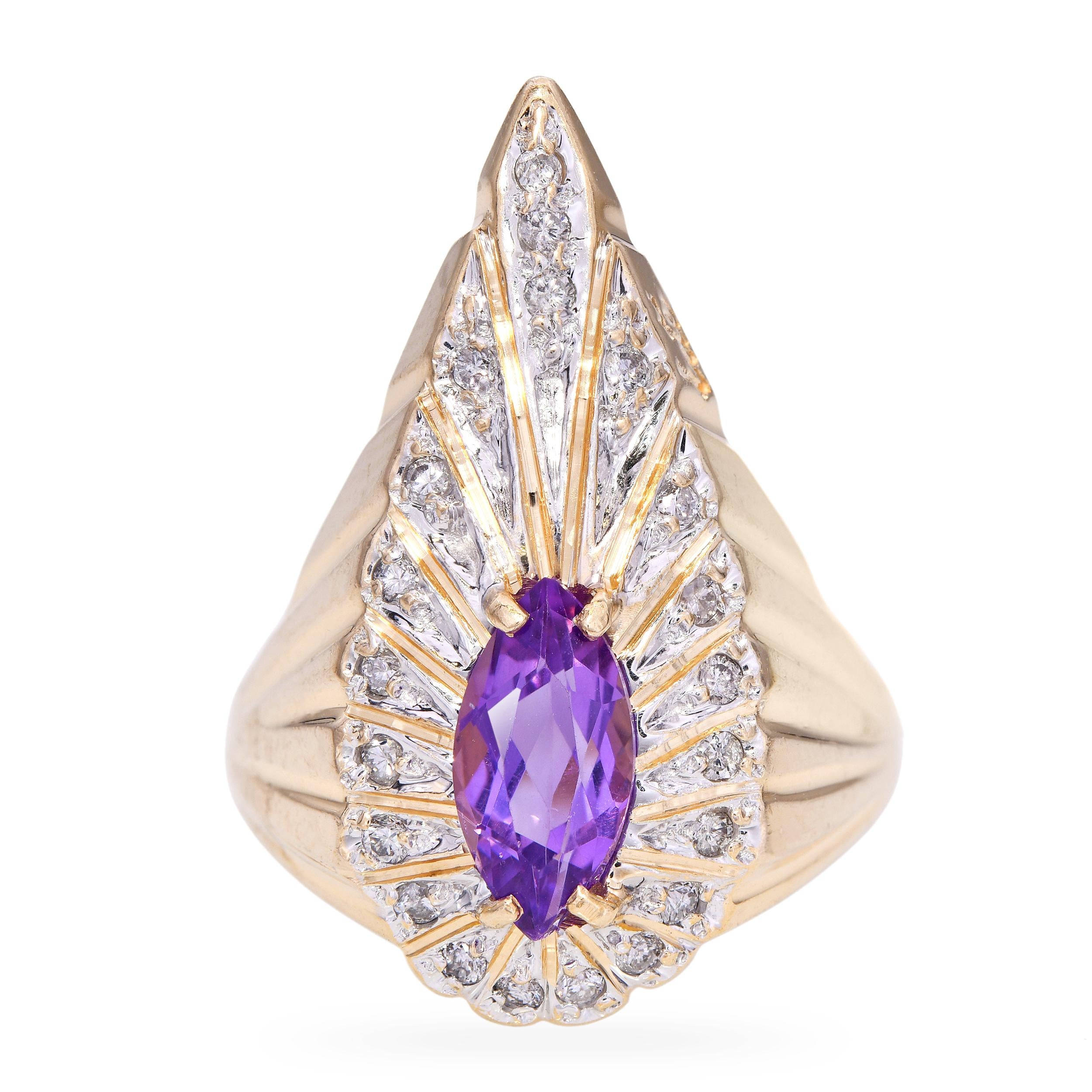 Erte 14k Yellow Gold Amethyst and Diamond Peacock Ring