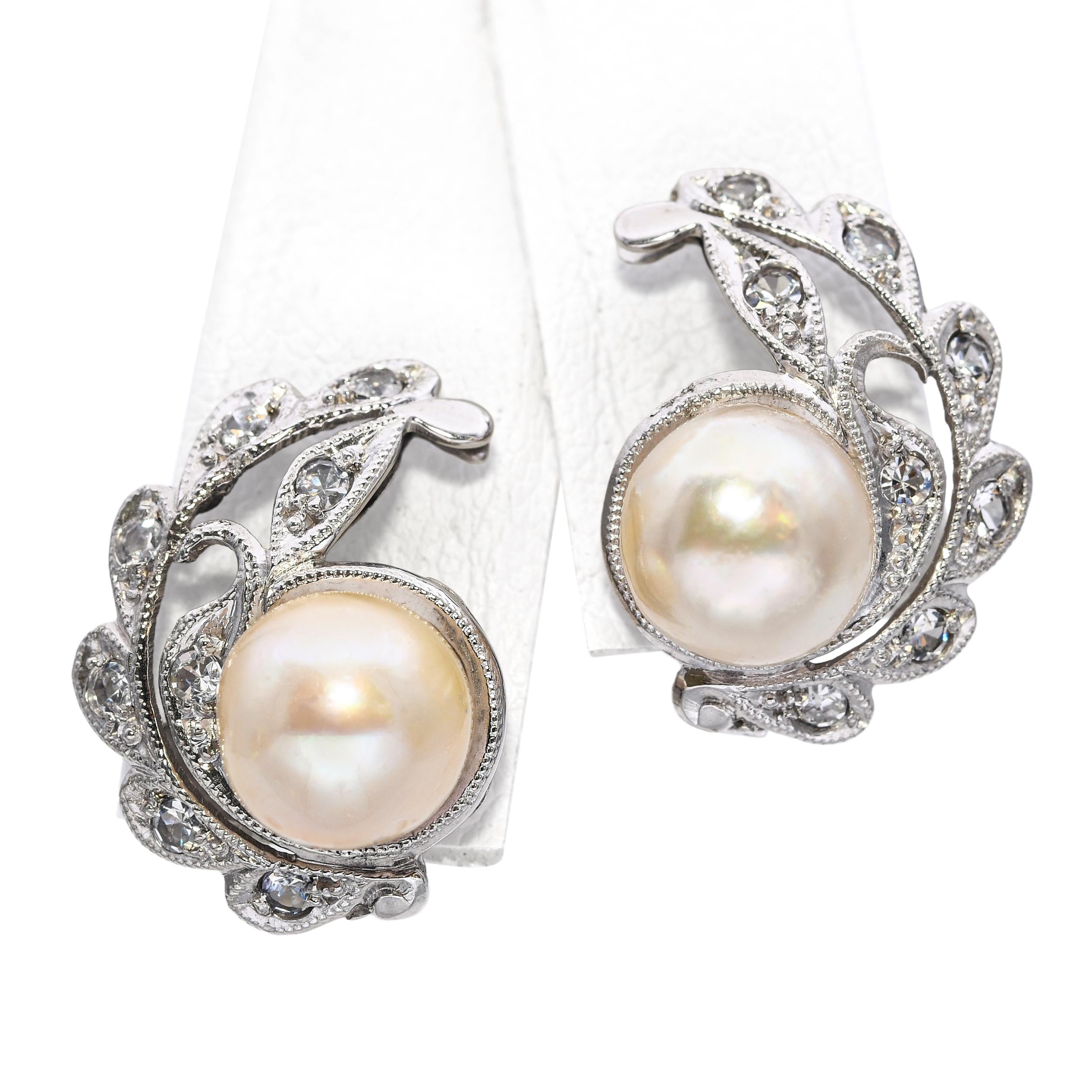 Vintage 9k White Gold Single Cut Diamond and Pearl Ring and Stud Earring Set