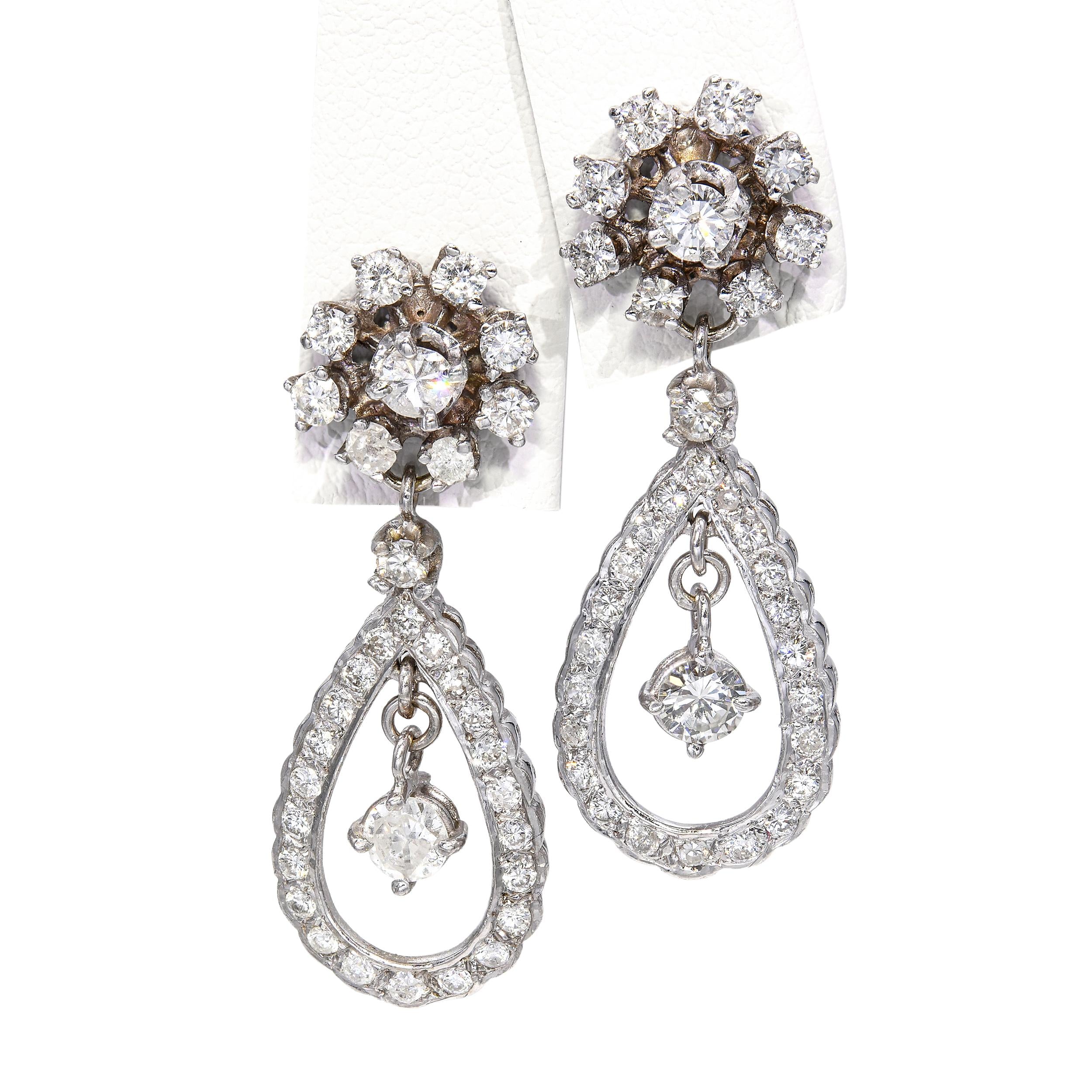 Vintage 13k White Gold 1.95tcw J Si1 Diamond Loop Dangle Earrings