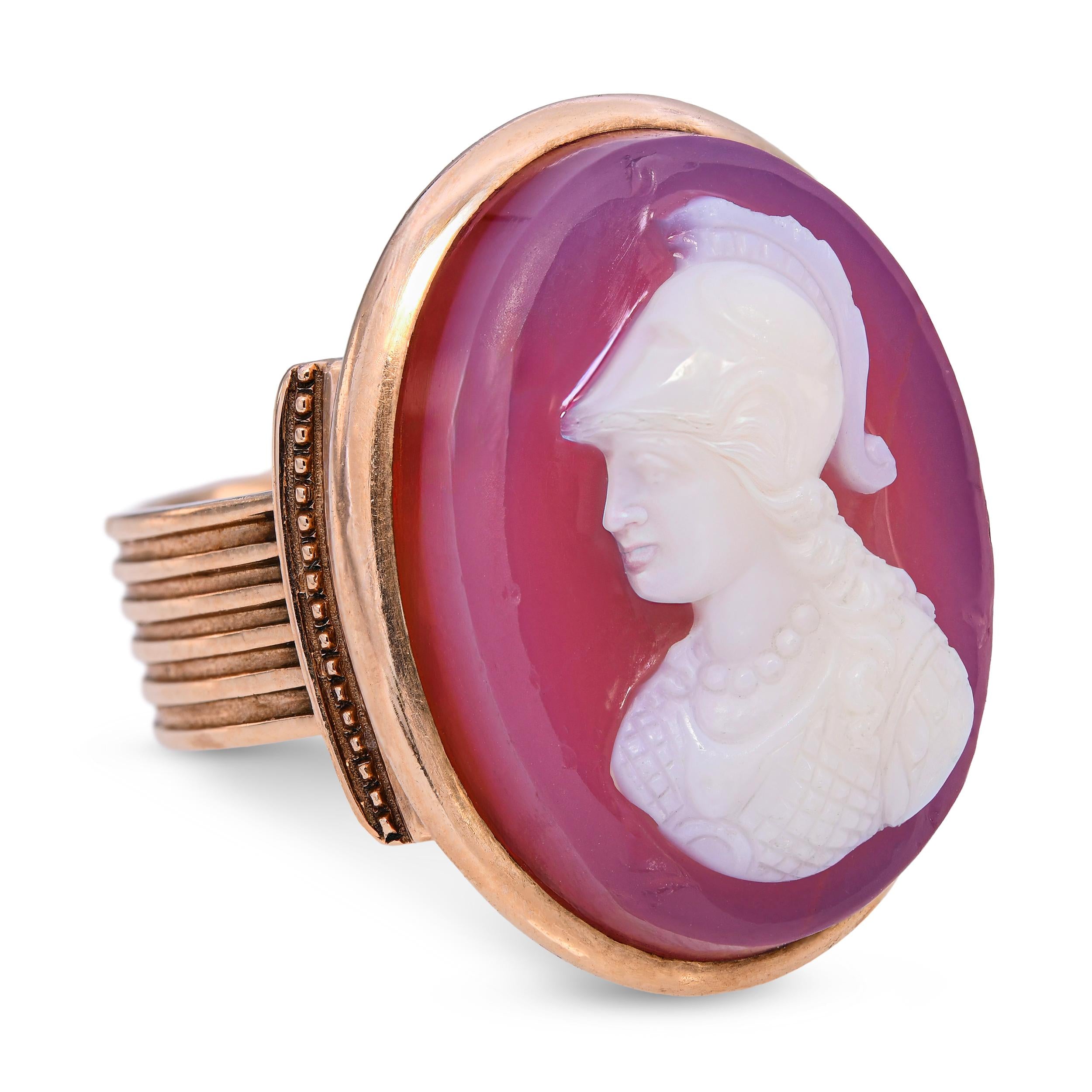 Antique Neoclassical Rose Gold Carved Agate Athena Goddess of War Cameo Ring