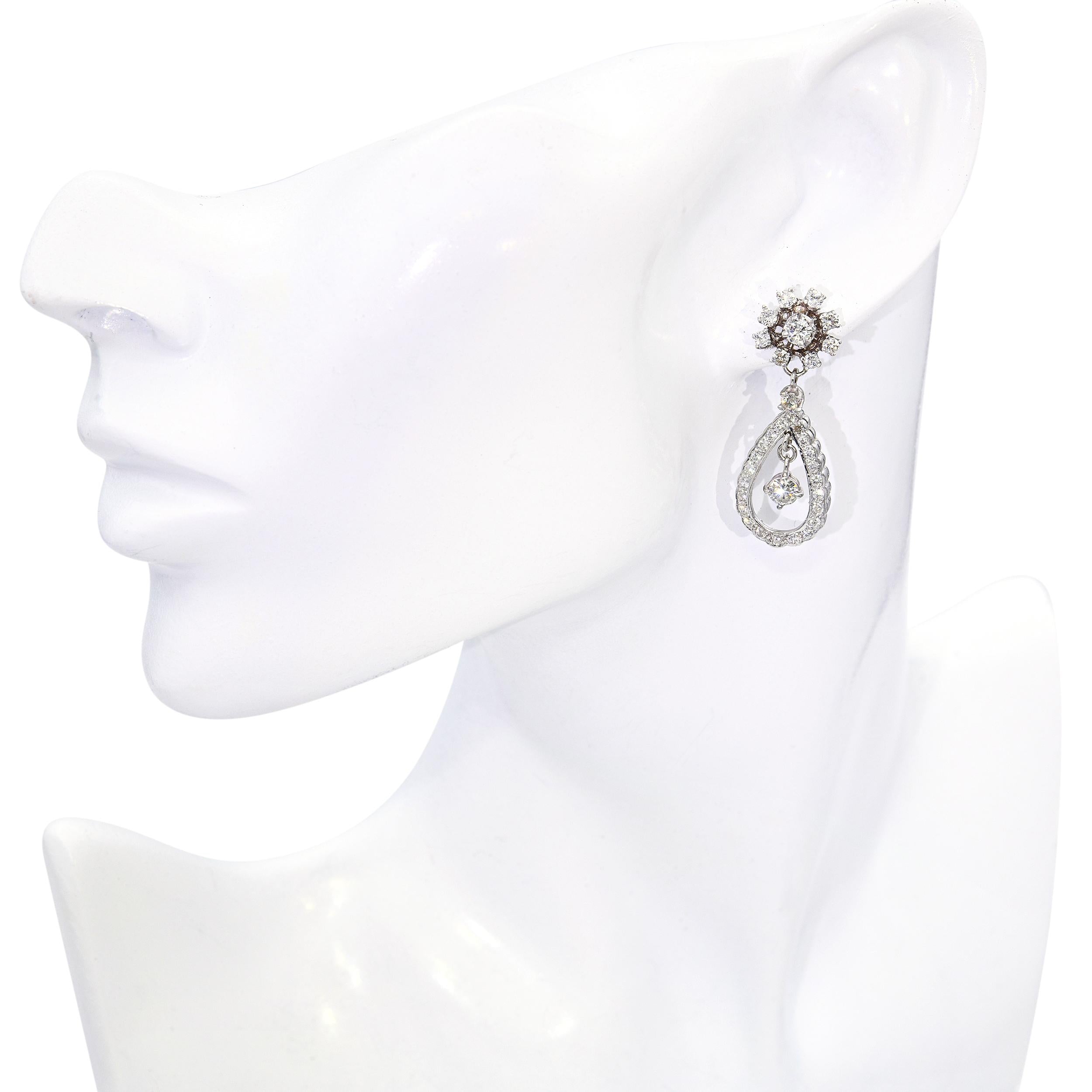 Vintage 13k White Gold 1.95tcw J Si1 Diamond Loop Dangle Earrings