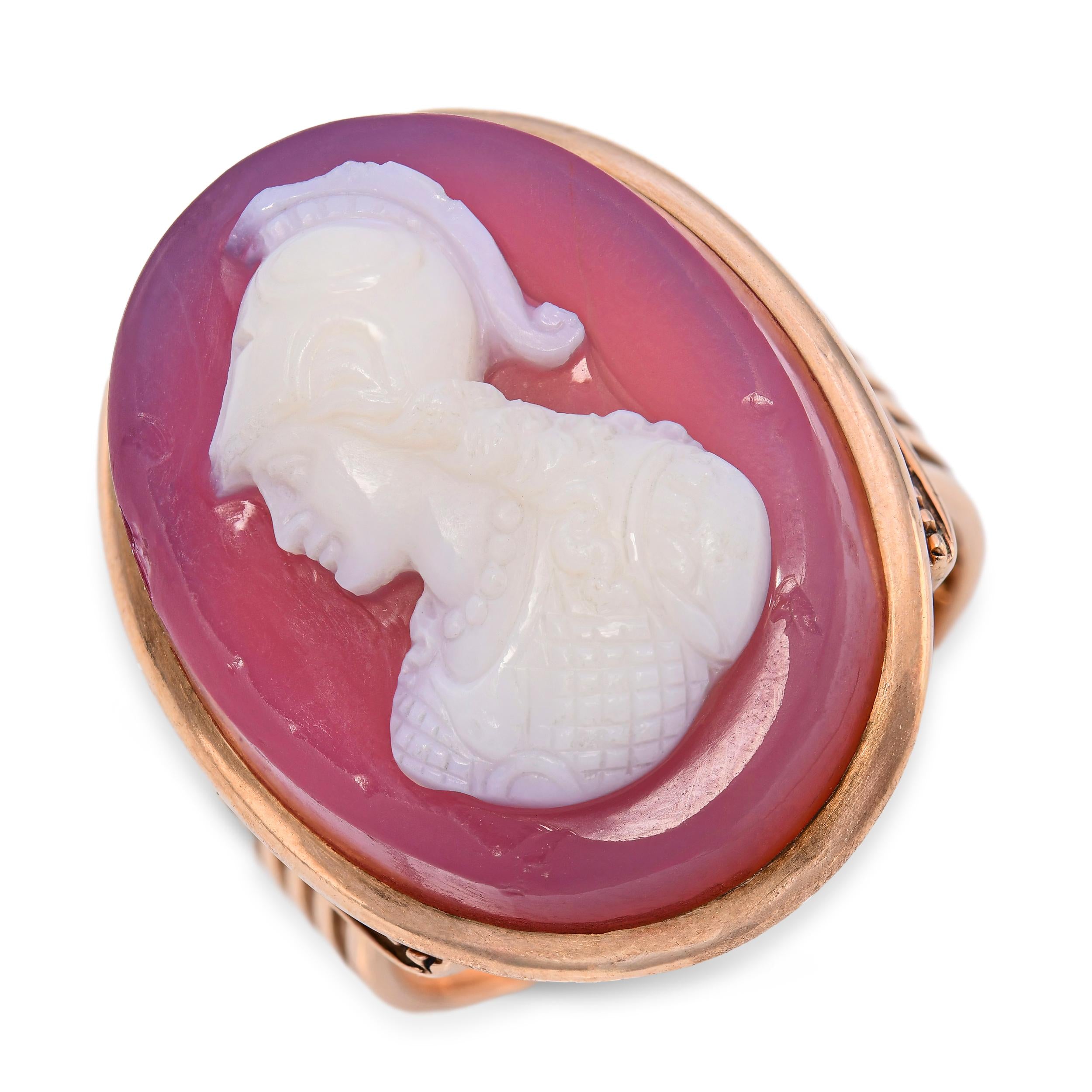 Antique Neoclassical Rose Gold Carved Agate Athena Goddess of War Cameo Ring