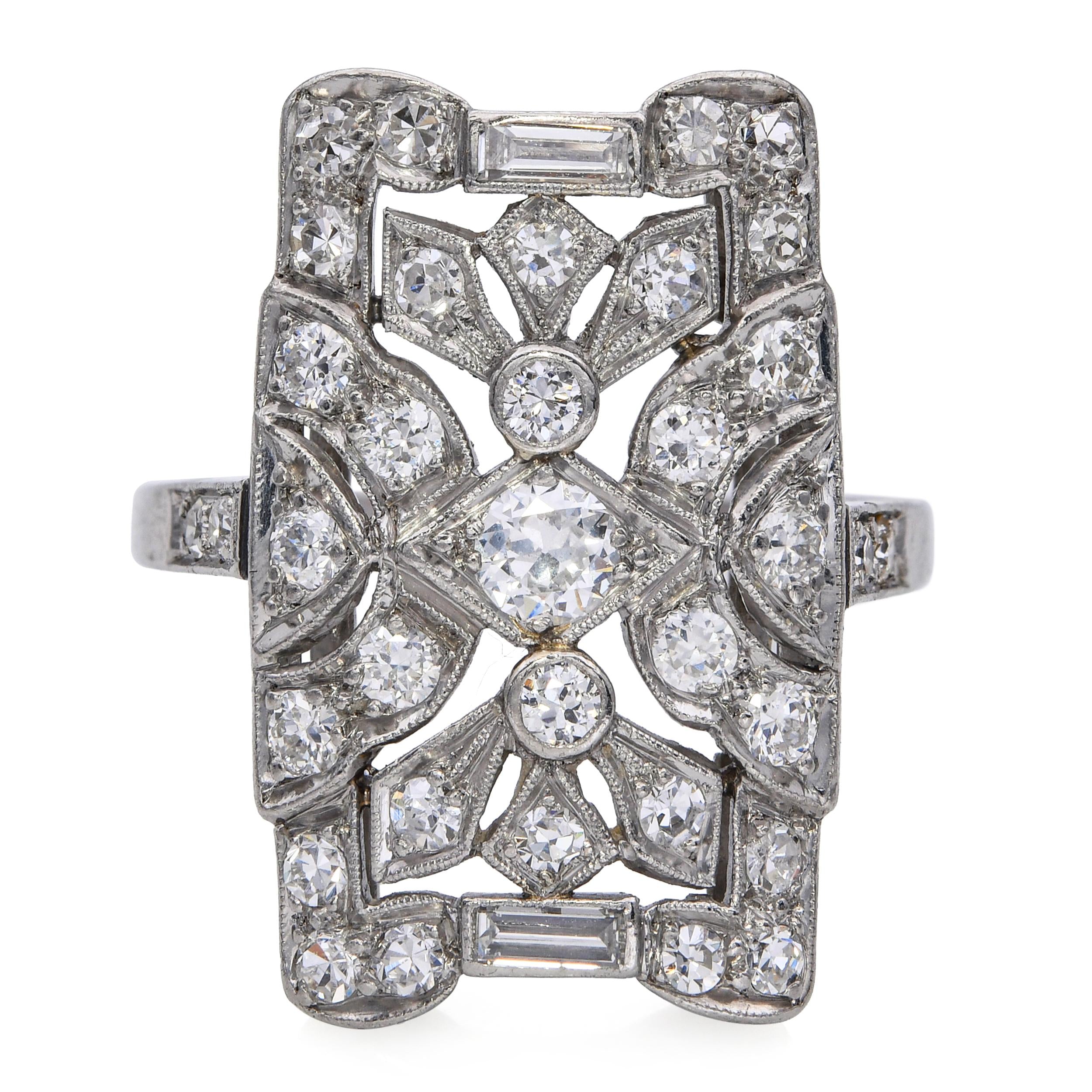 Antique Platinum 1.20tcw Old Euro Cut Diamond Filigree Statement Ring