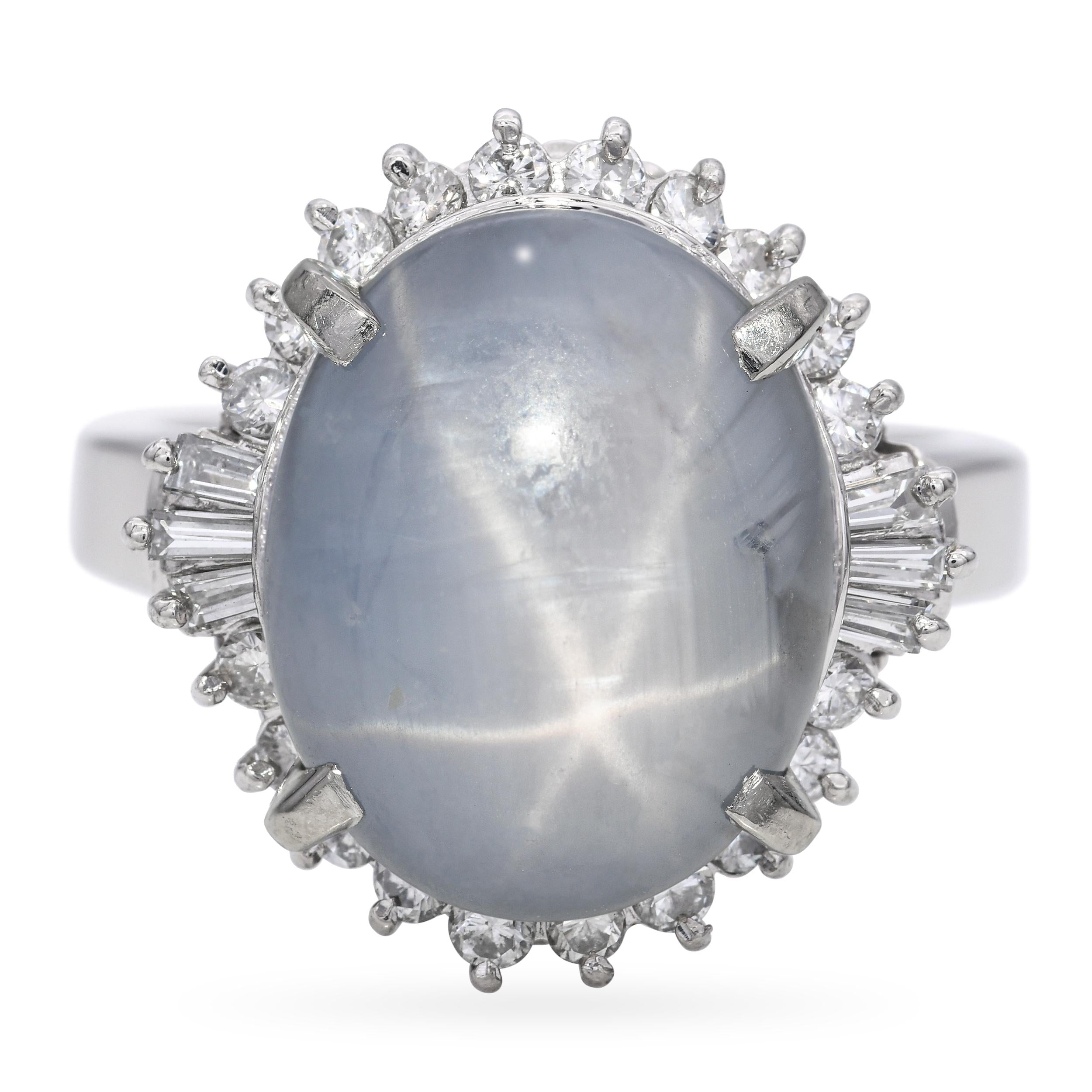 Vintage Platinum Star Sapphire and Diamond Halo Ring
