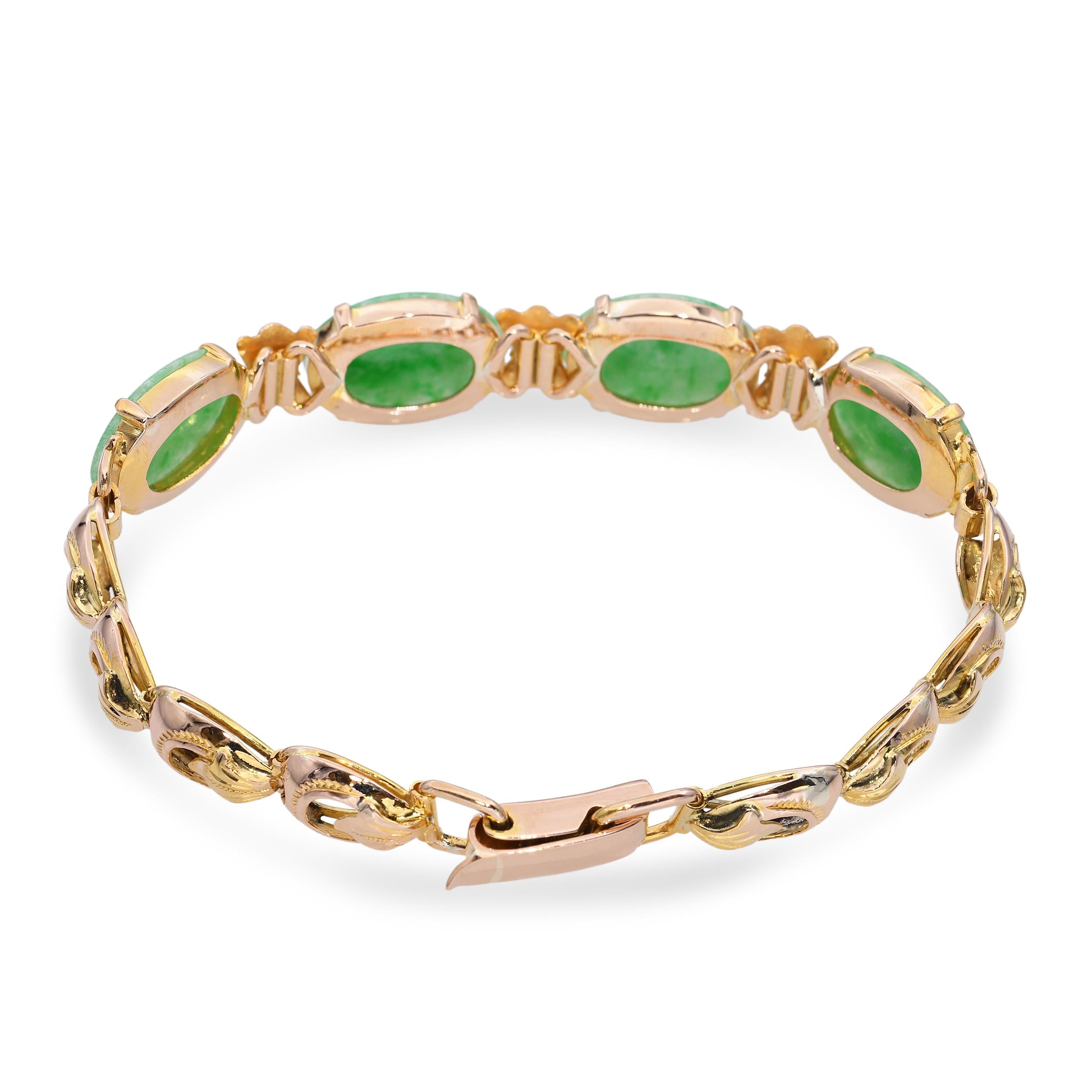 Vintage 14K Yellow Gold 4.2tcw Green Jadeite Jade Cabochon Link Bracelet