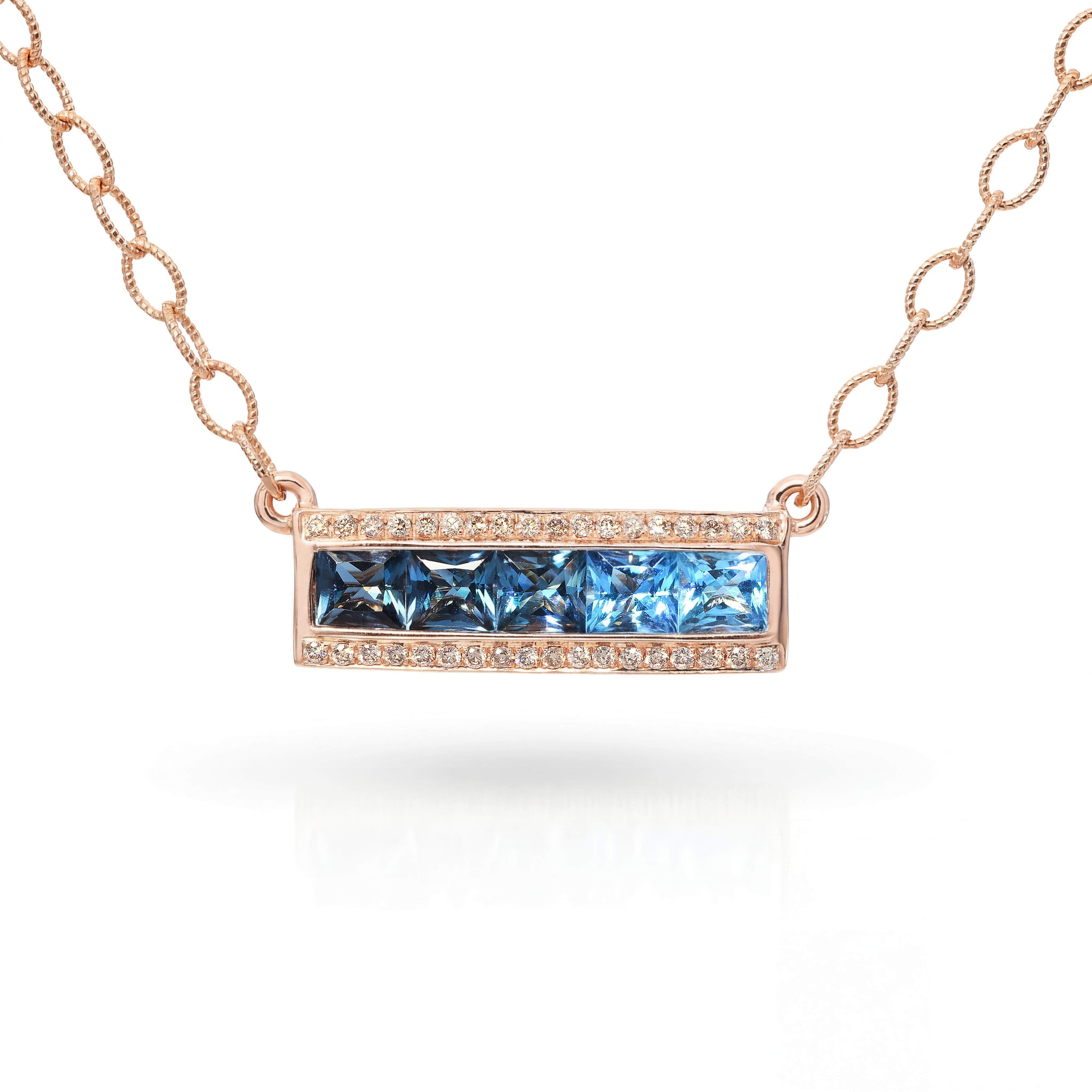 Bellari 14k Rose Gold 2.20tcw Blue Topaz and Diamond Bar Pendant Necklace