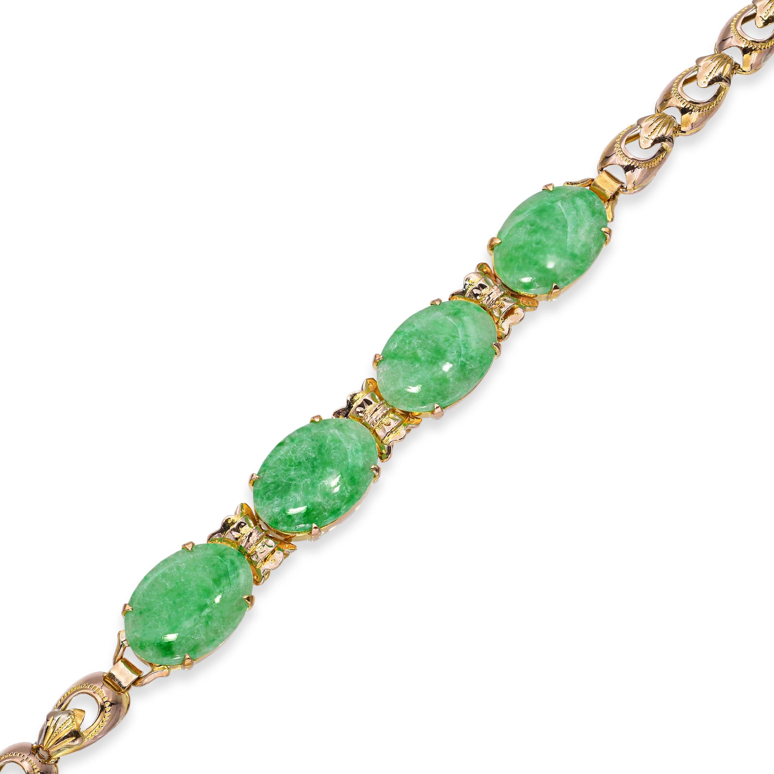 Vintage 14K Yellow Gold 4.2tcw Green Jadeite Jade Cabochon Link Bracelet