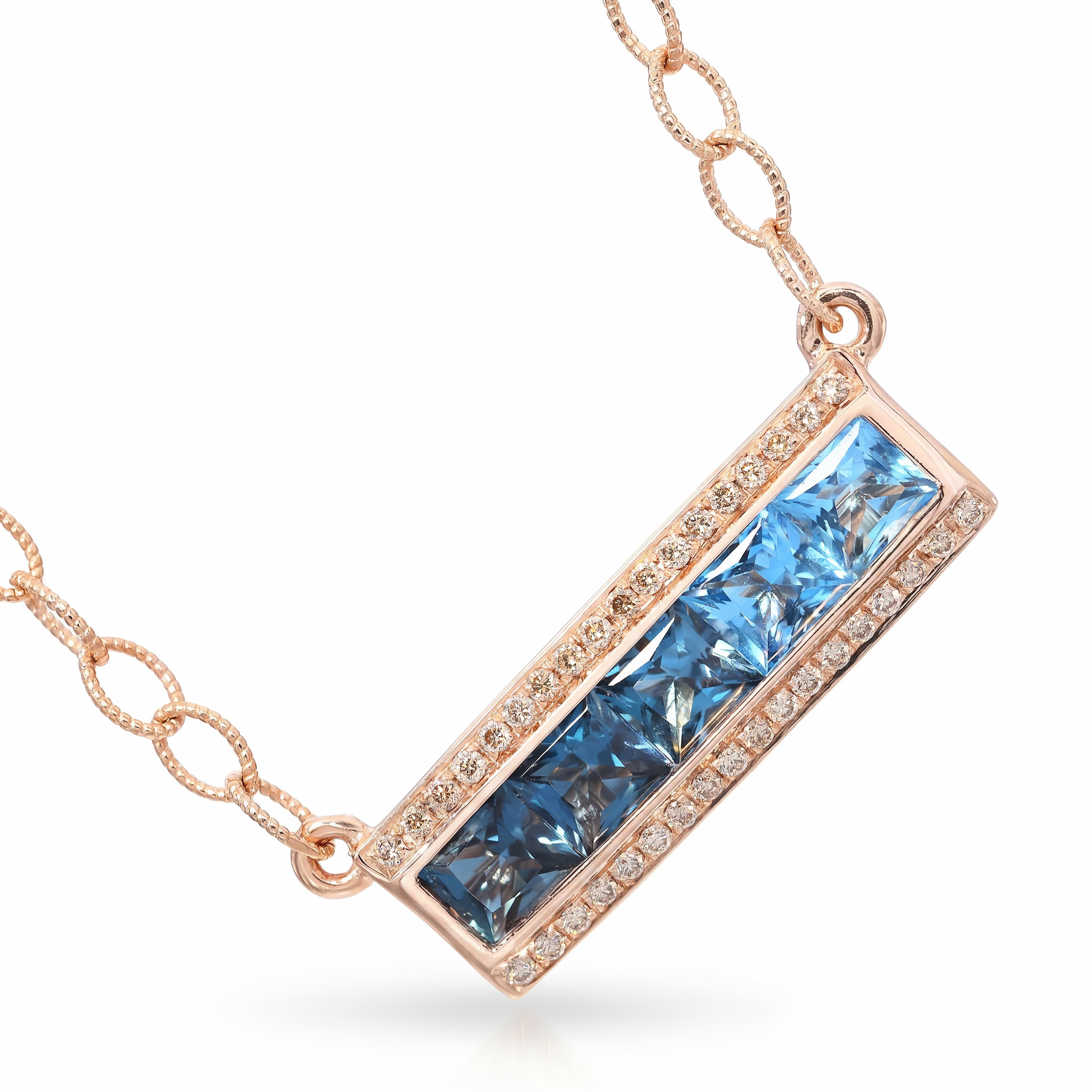 Bellari 14k Rose Gold 2.20tcw Blue Topaz and Diamond Bar Pendant Necklace