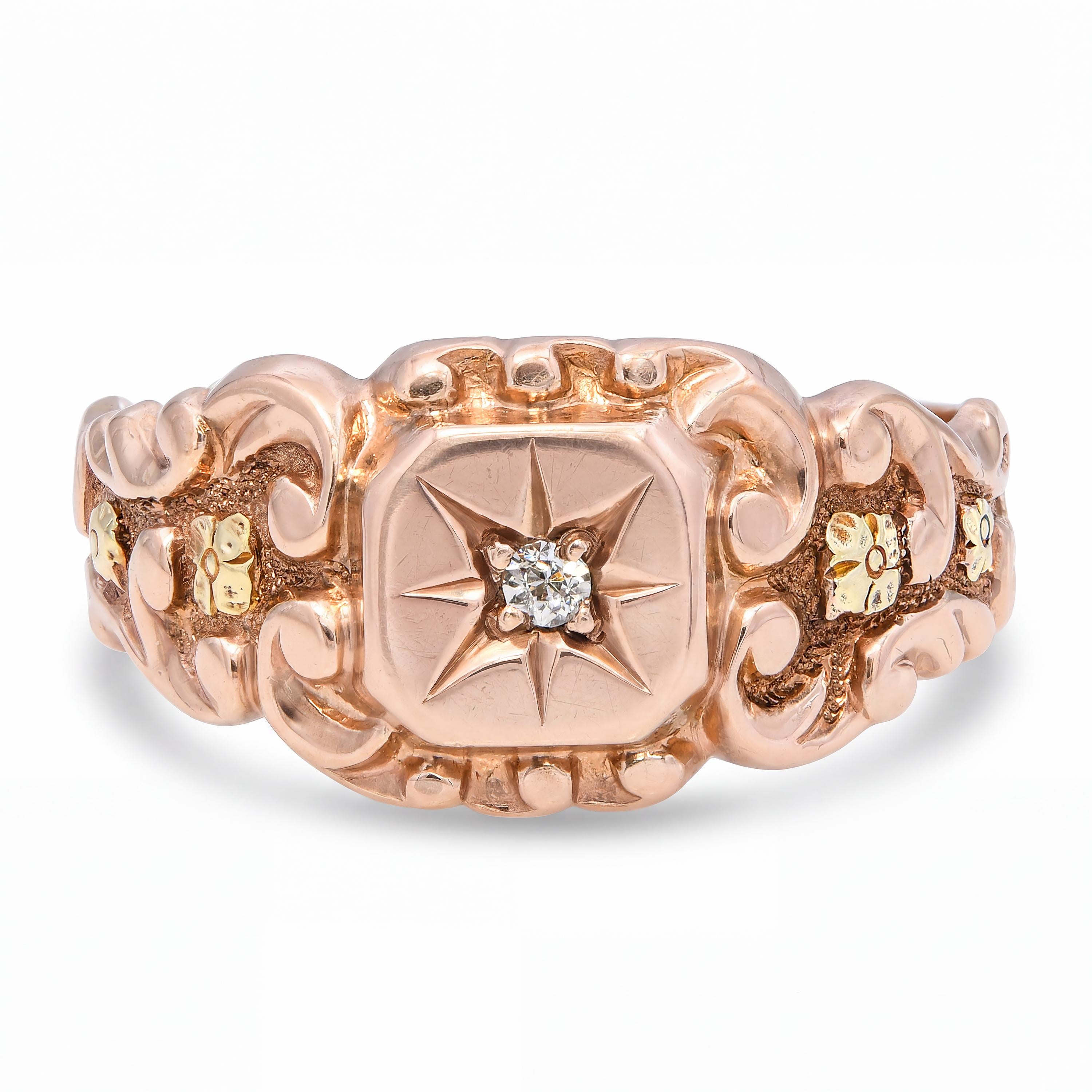 Antique Victorian 10k Rose Gold Engraved Star Cut Diamond Ring