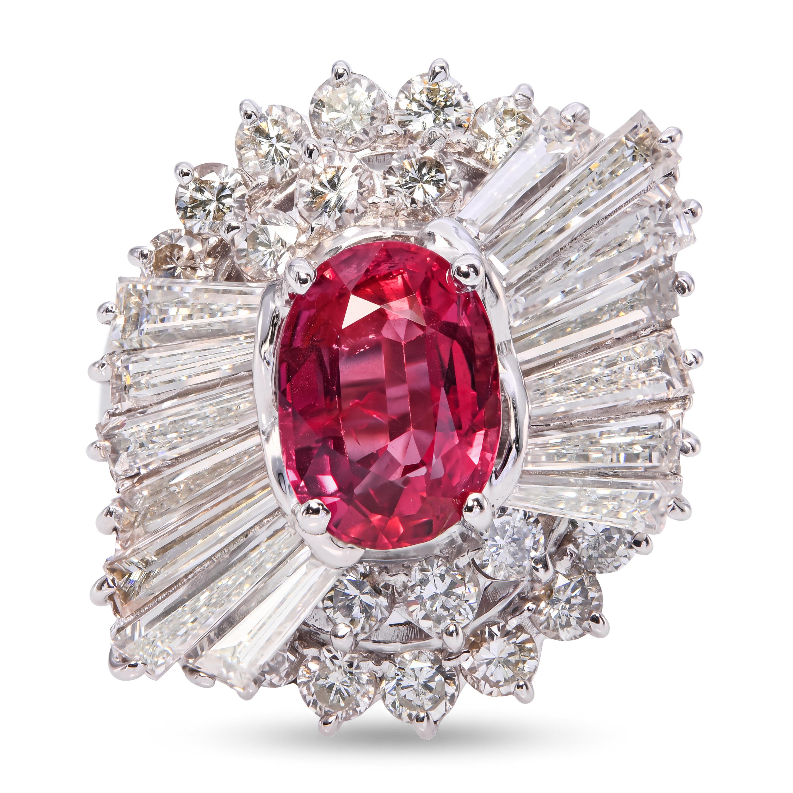 Vintage 14k White Gold GIA 1.96ct Ruby and Diamond Ballerina Ring