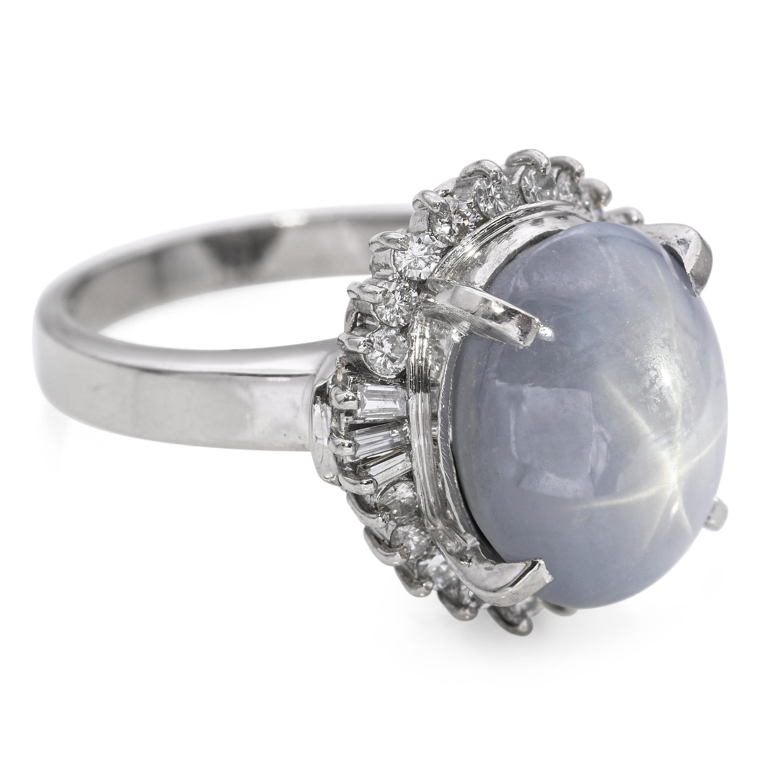 Vintage Platinum Star Sapphire and Diamond Halo Ring