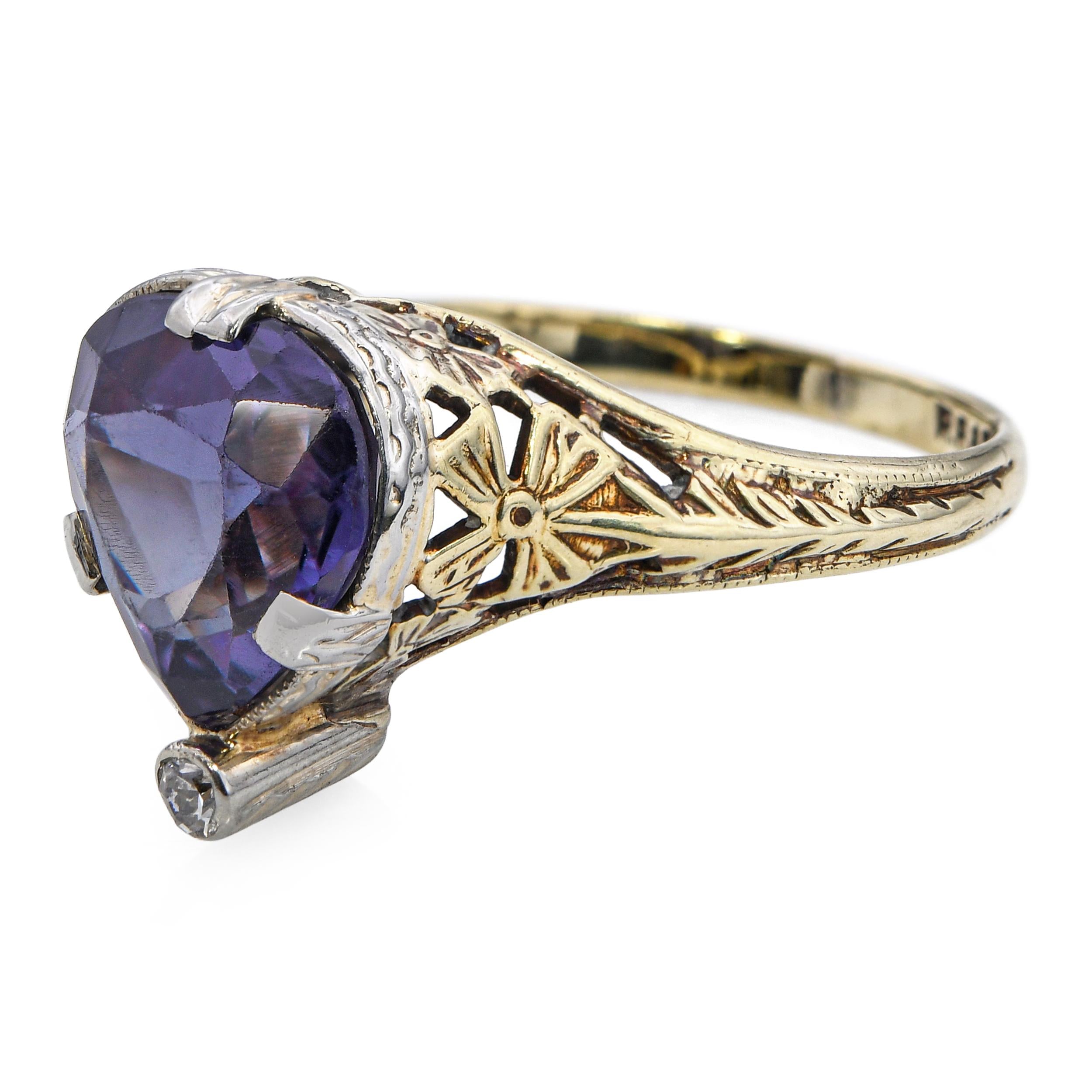 Vintage R.B & K 14k Yellow Gold Synthetic Alexandrite and Diamond Ring