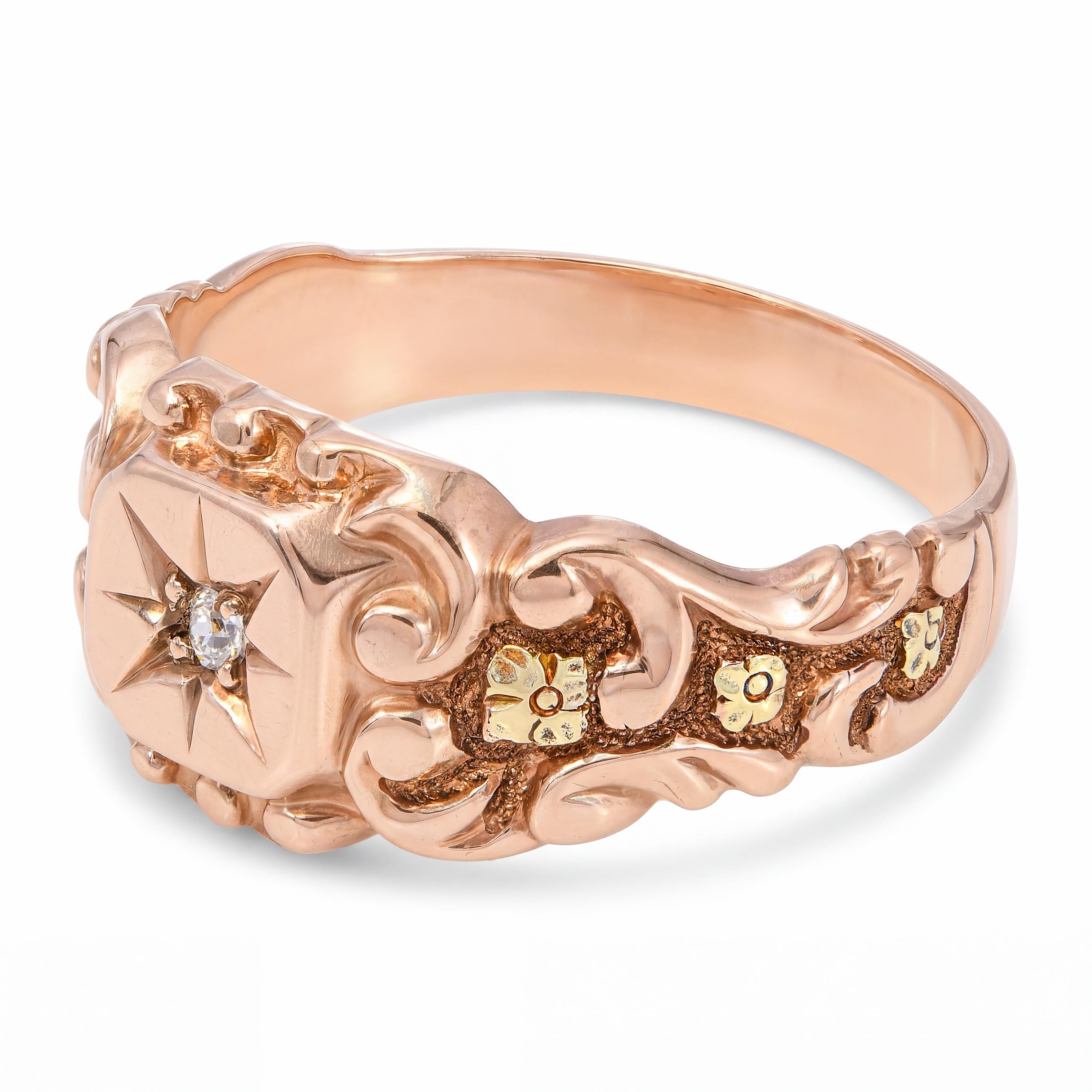 Antique Victorian 10k Rose Gold Engraved Star Cut Diamond Ring
