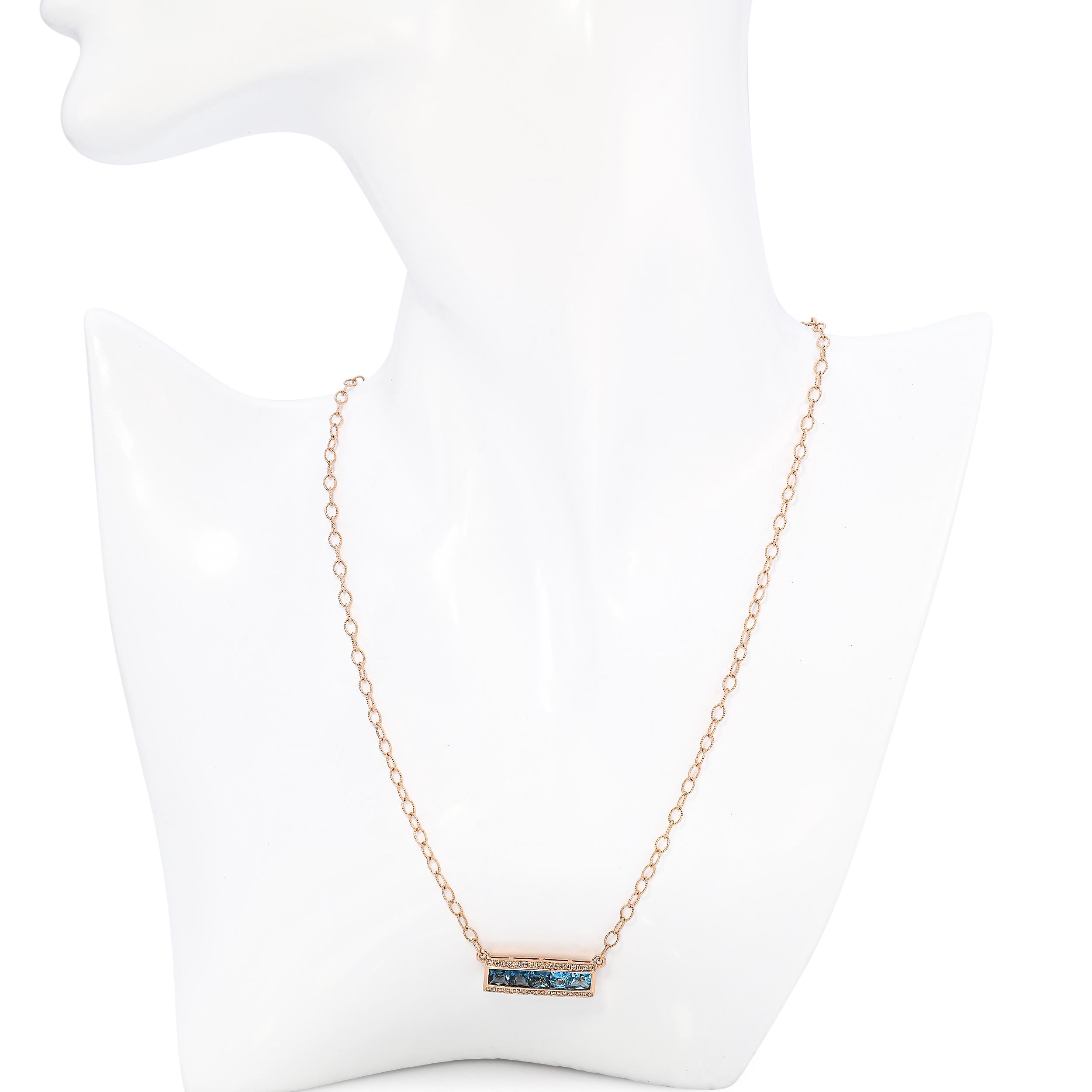 Bellari 14k Rose Gold 2.20tcw Blue Topaz and Diamond Bar Pendant Necklace