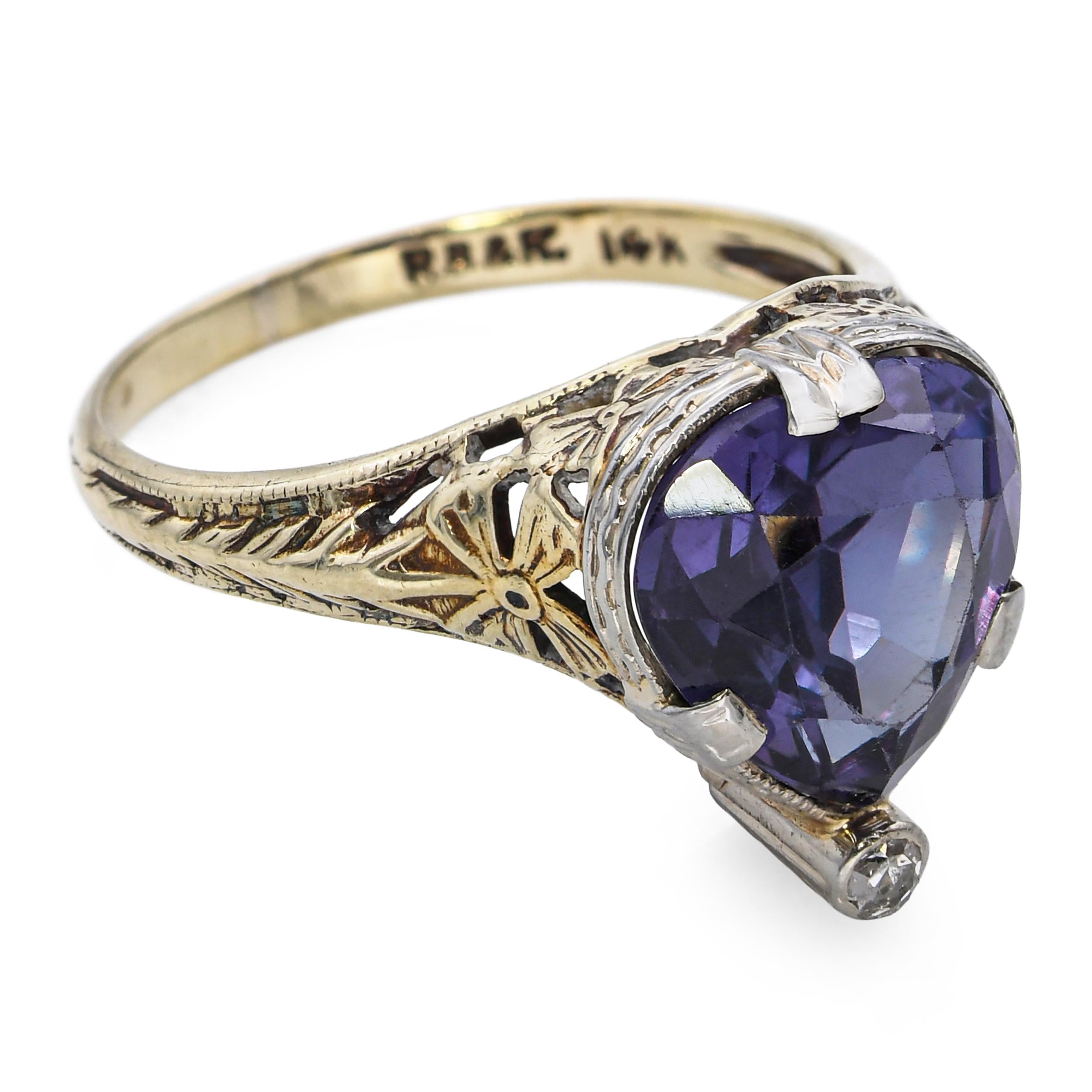 Vintage R.B & K 14k Yellow Gold Synthetic Alexandrite and Diamond Ring