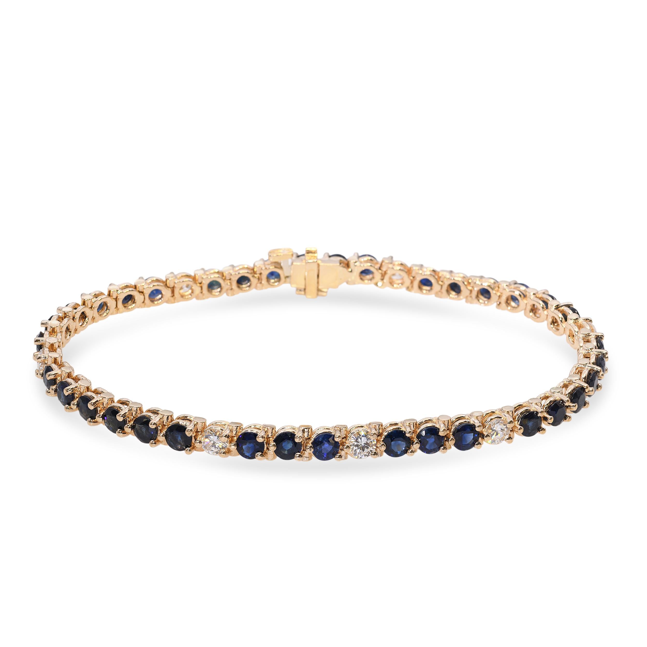 Vintage 14k Yellow Gold 3.96tcw Teal Sapphire and Diamond Tennis Bracelet