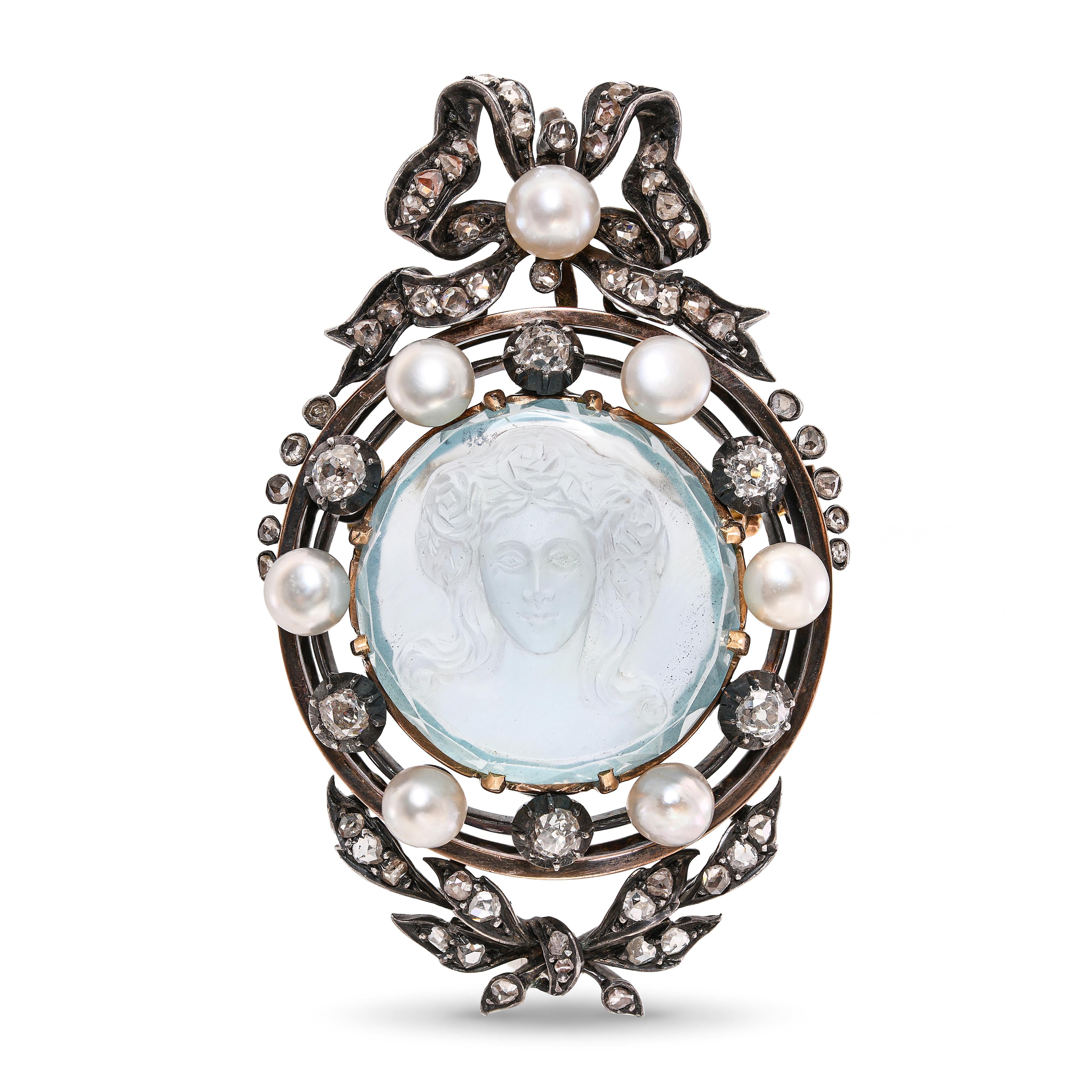 Antique Gold & Silver Edwardian Aquamarine Diamond Pearl Cameo Brooch