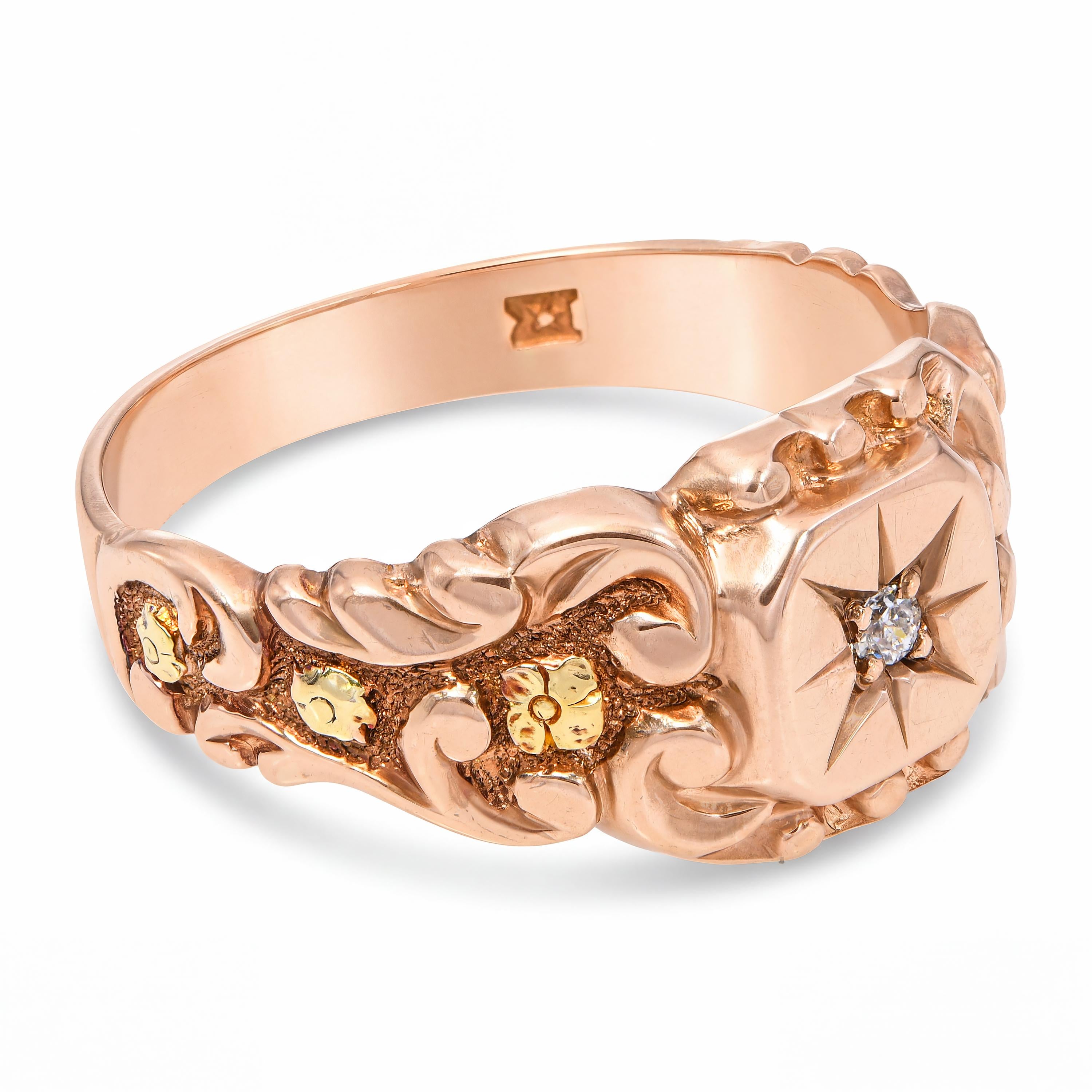 Antique Victorian 10k Rose Gold Engraved Star Cut Diamond Ring