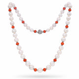 Vintage 14k White Gold South Sea Pearl and Coral Bead Diamond Station Necklace
