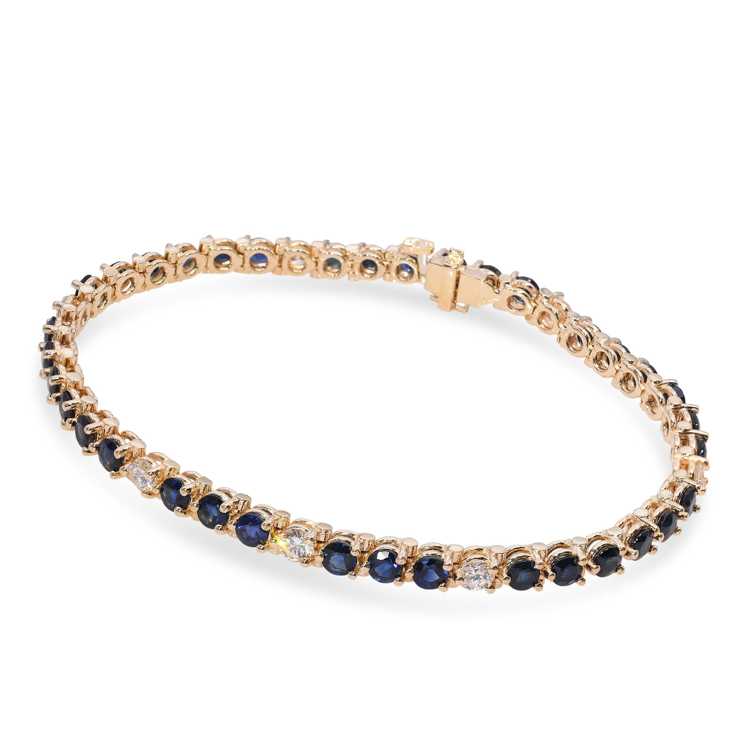 Vintage 14k Yellow Gold 3.96tcw Teal Sapphire and Diamond Tennis Bracelet