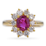 Vintage 18k Yellow Gold Ruby and Diamond Halo Ring