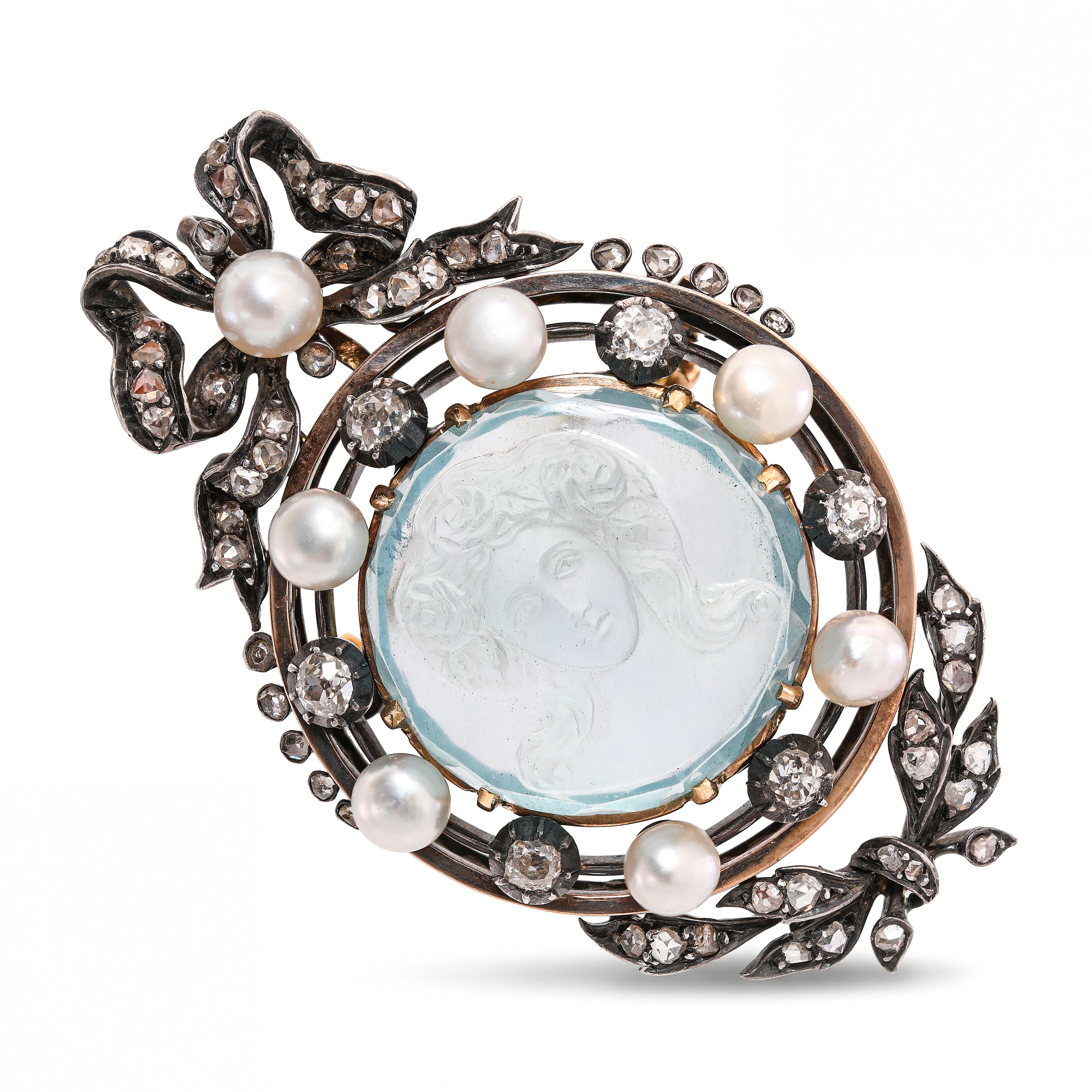 Antique Gold & Silver Edwardian Aquamarine Diamond Pearl Cameo Brooch