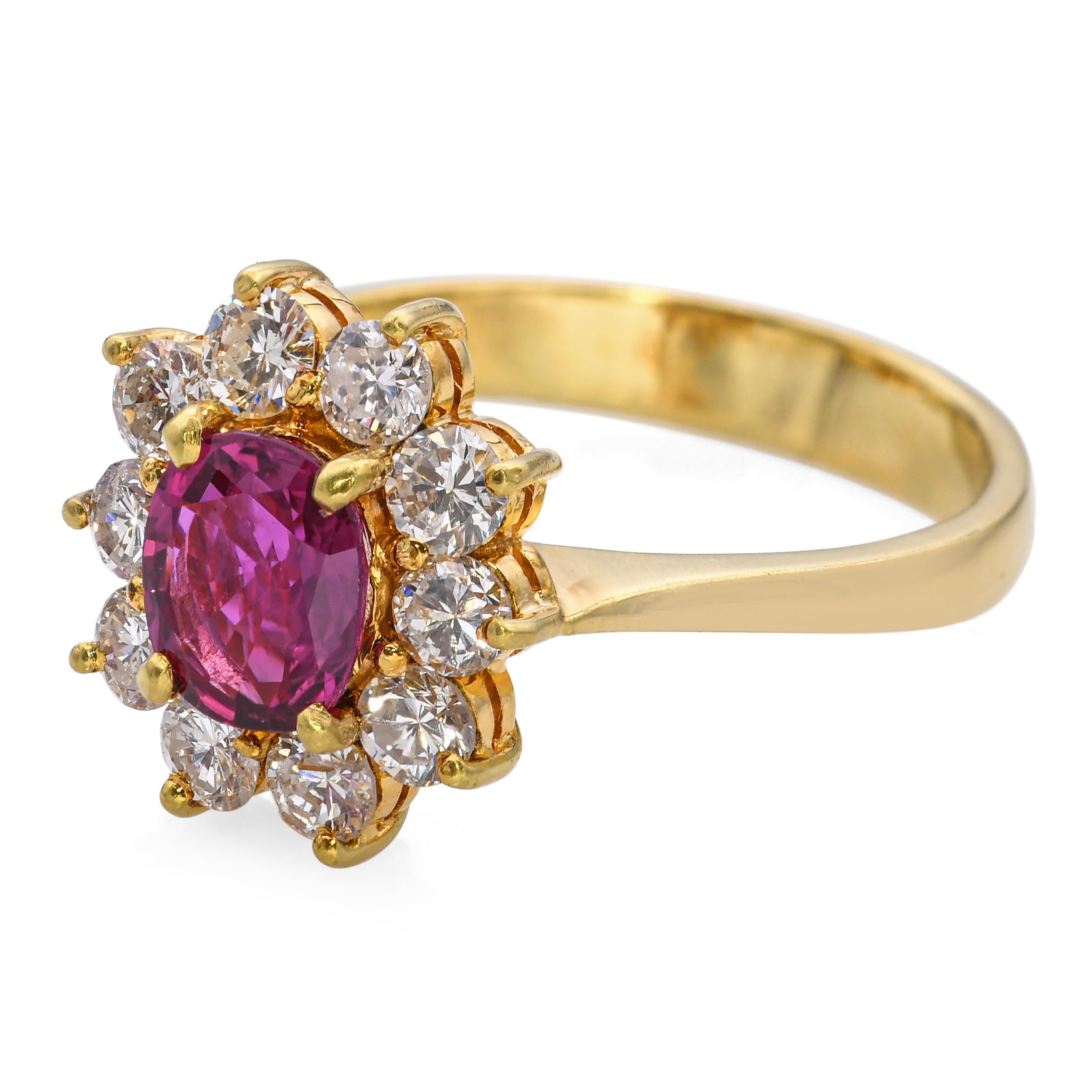 Vintage 18k Yellow Gold Ruby and Diamond Halo Ring