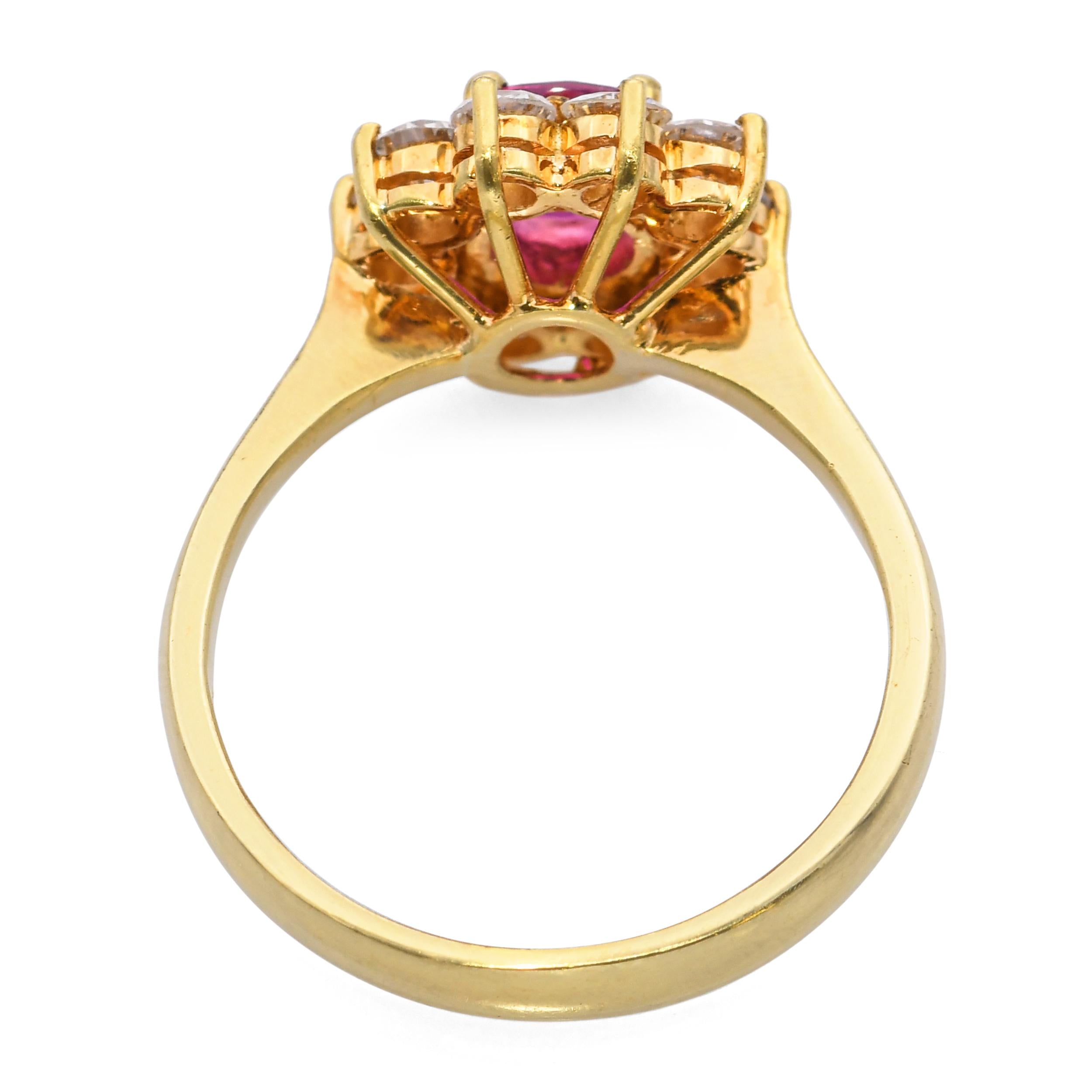 Vintage 18k Yellow Gold Ruby and Diamond Halo Ring