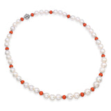 Vintage 14k White Gold South Sea Pearl and Coral Bead Diamond Station Necklace