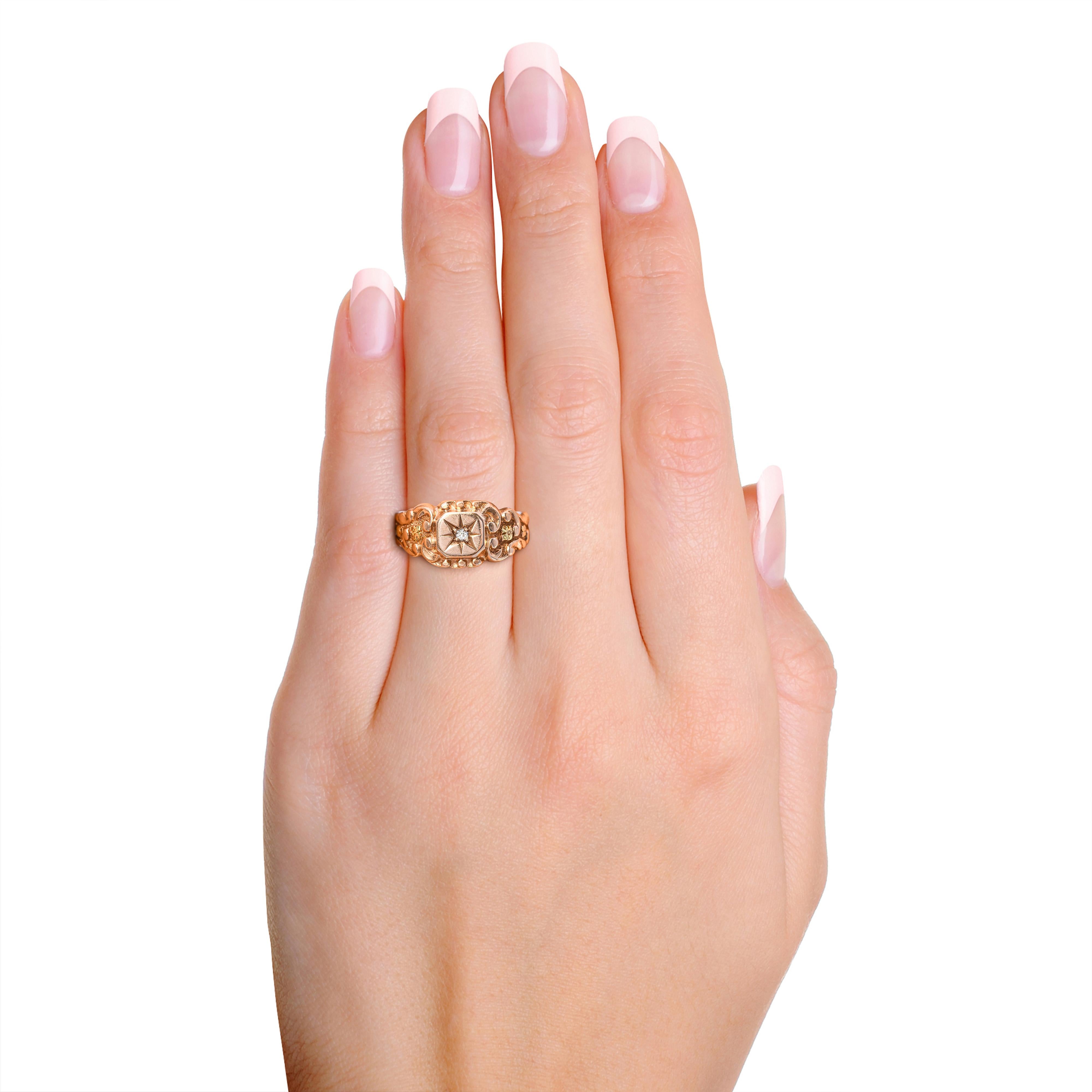 Antique Victorian 10k Rose Gold Engraved Star Cut Diamond Ring