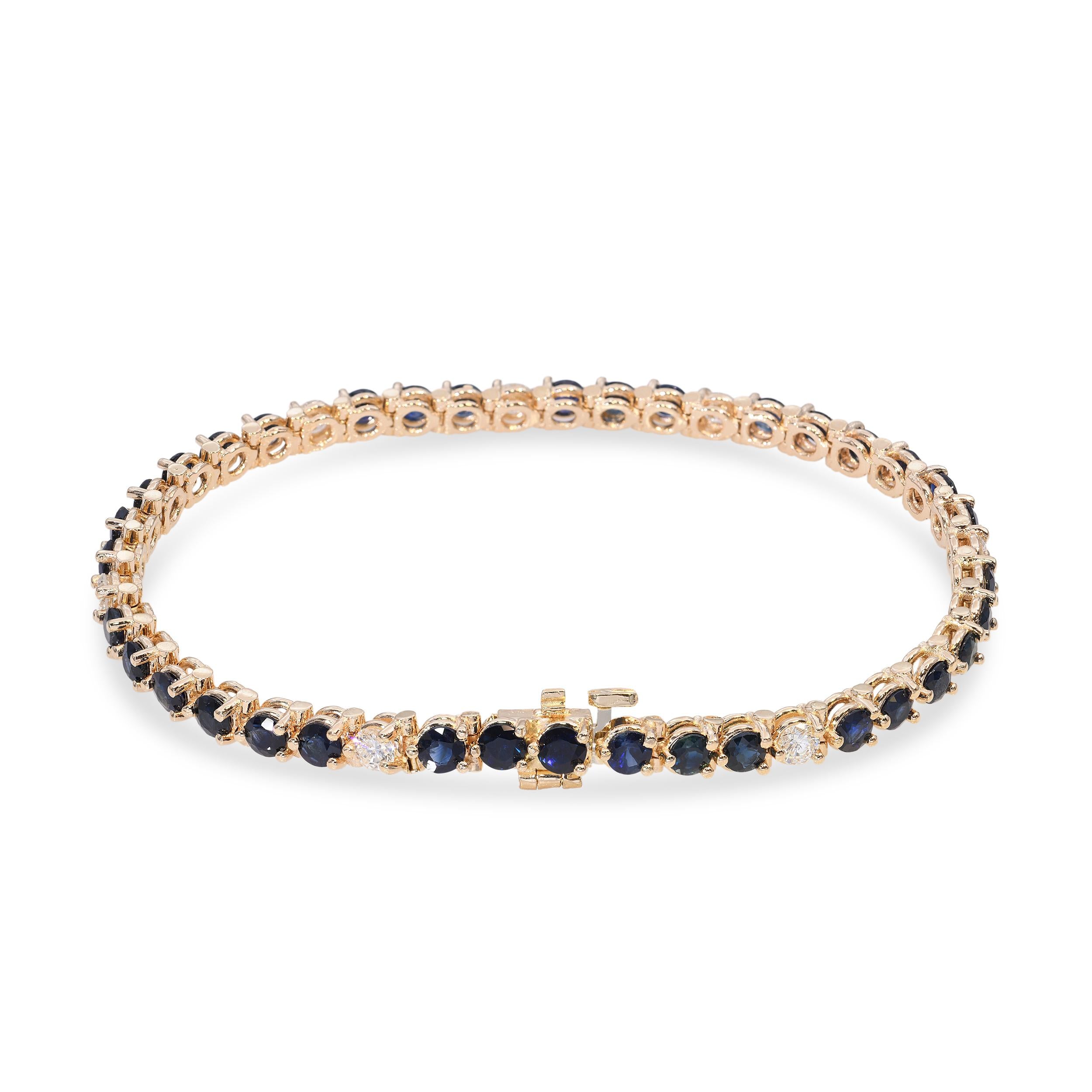 Vintage 14k Yellow Gold 3.96tcw Teal Sapphire and Diamond Tennis Bracelet