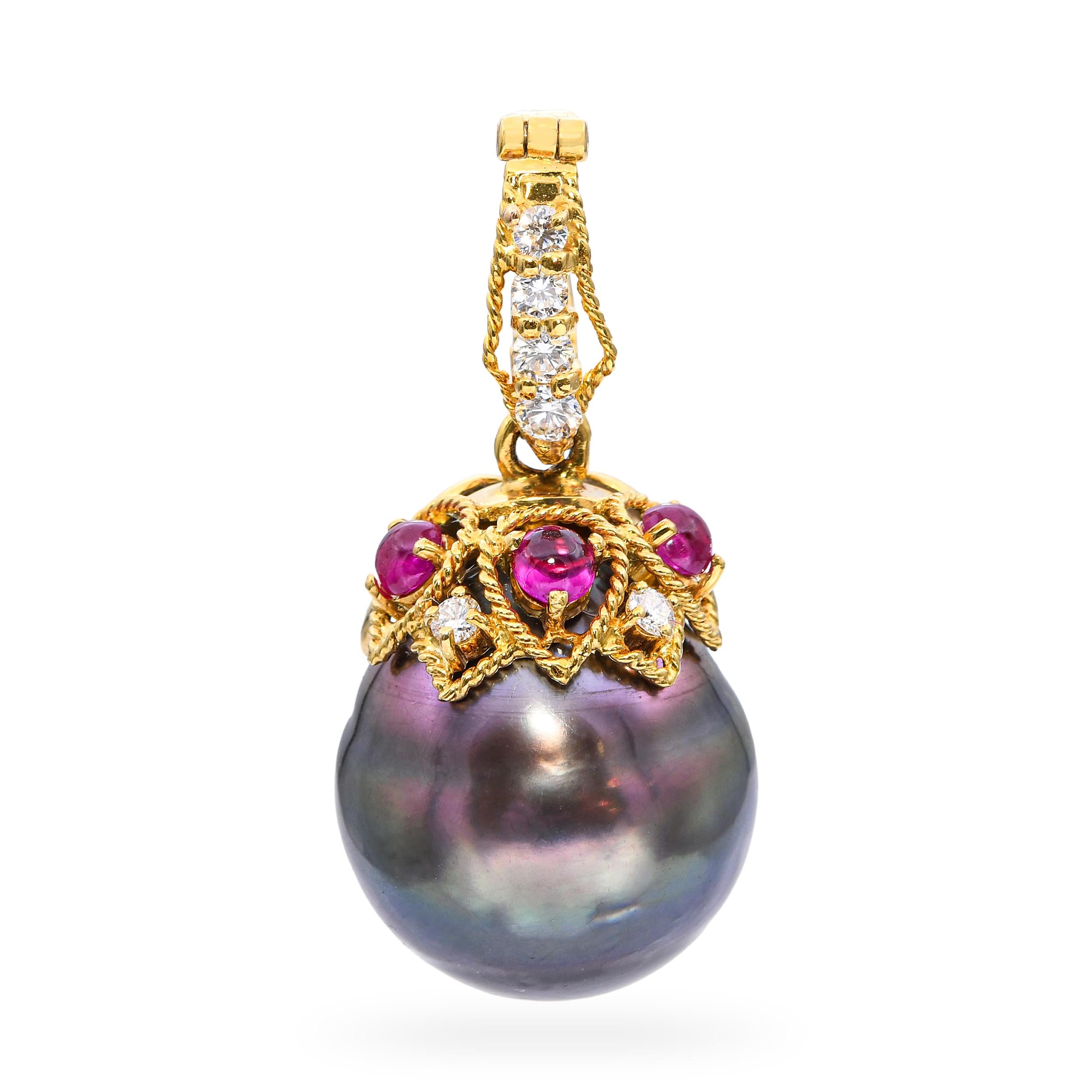 Vintage 18k Yellow Gold 0.30tcw Ruby and 0.15tcw Diamond Tahitian Pearl Pendant