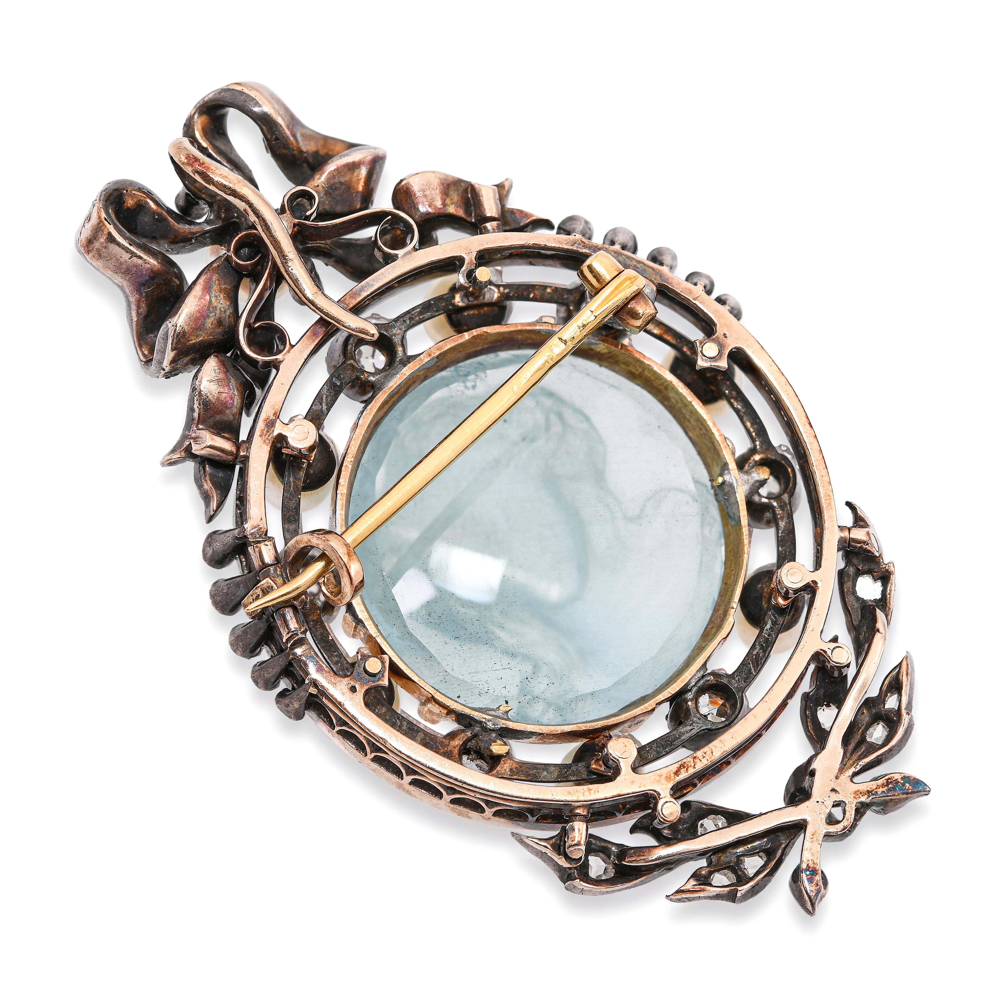 Antique Gold & Silver Edwardian Aquamarine Diamond Pearl Cameo Brooch