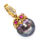Vintage 18k Yellow Gold 0.30tcw Ruby and 0.15tcw Diamond Tahitian Pearl Pendant