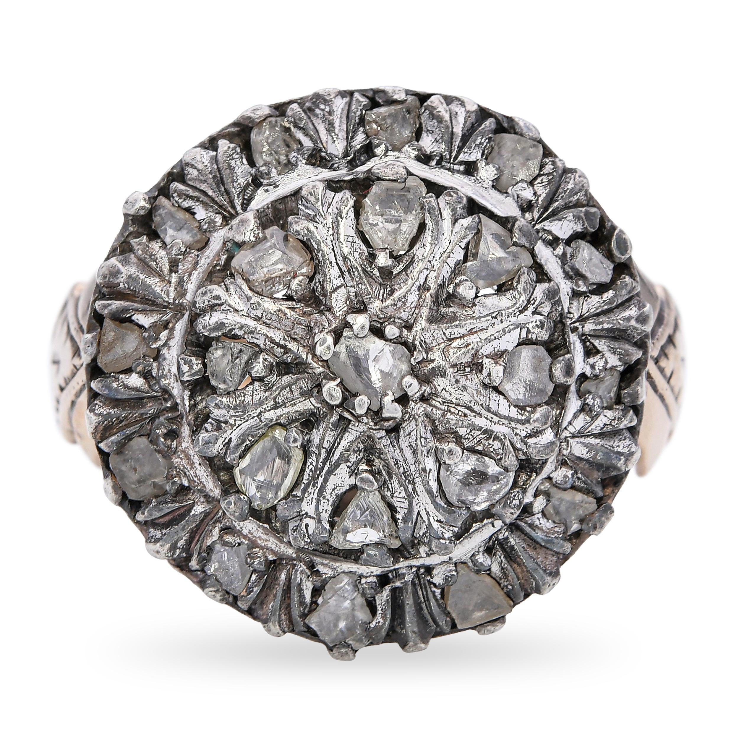 Antique 8k Yellow Gold Silver Topped Diamond Statement Ring
