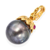 Vintage 18k Yellow Gold 0.30tcw Ruby and 0.15tcw Diamond Tahitian Pearl Pendant