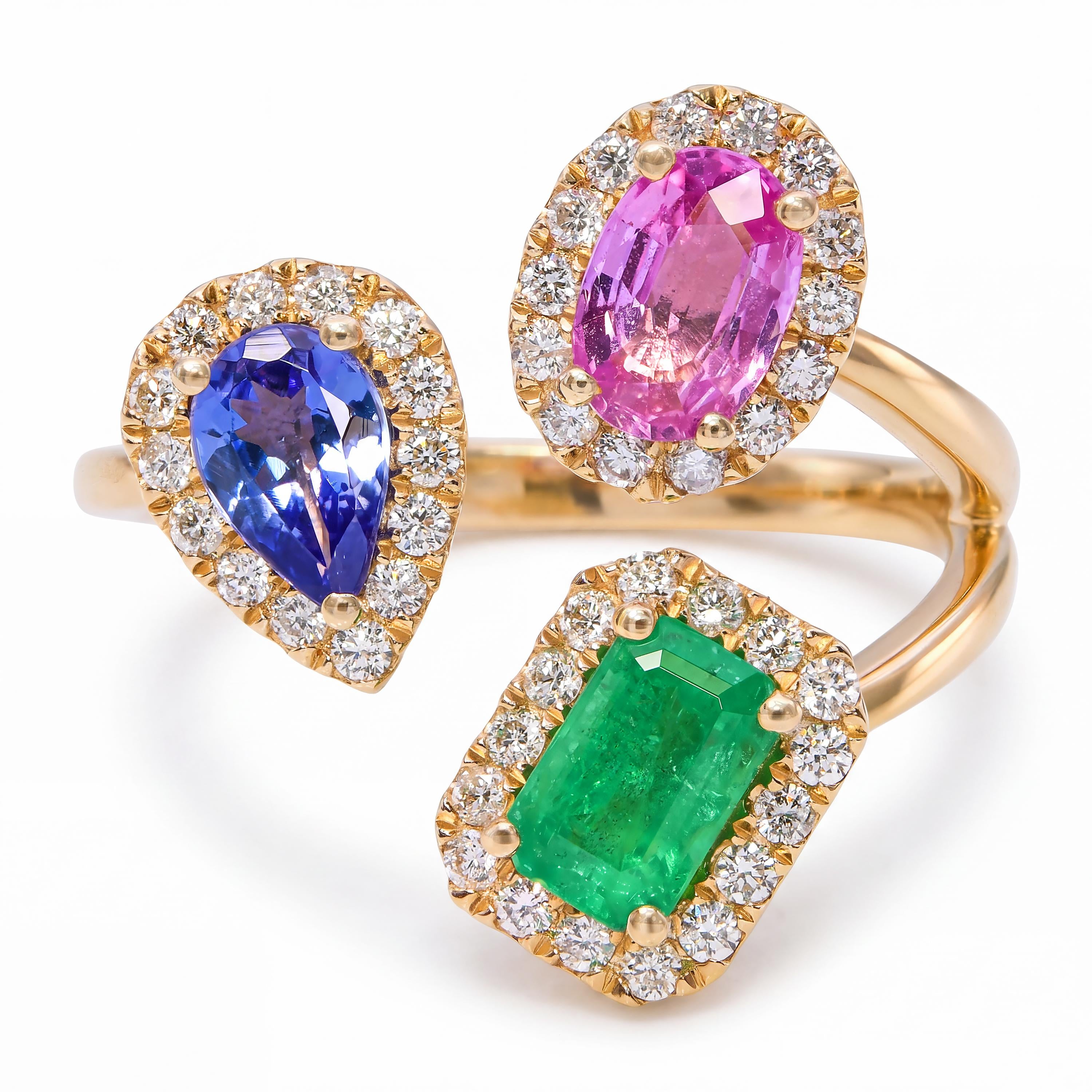 14k Yellow Gold Emerald Tanzanite and Sapphire Diamond Three Stone Bypass Ring
