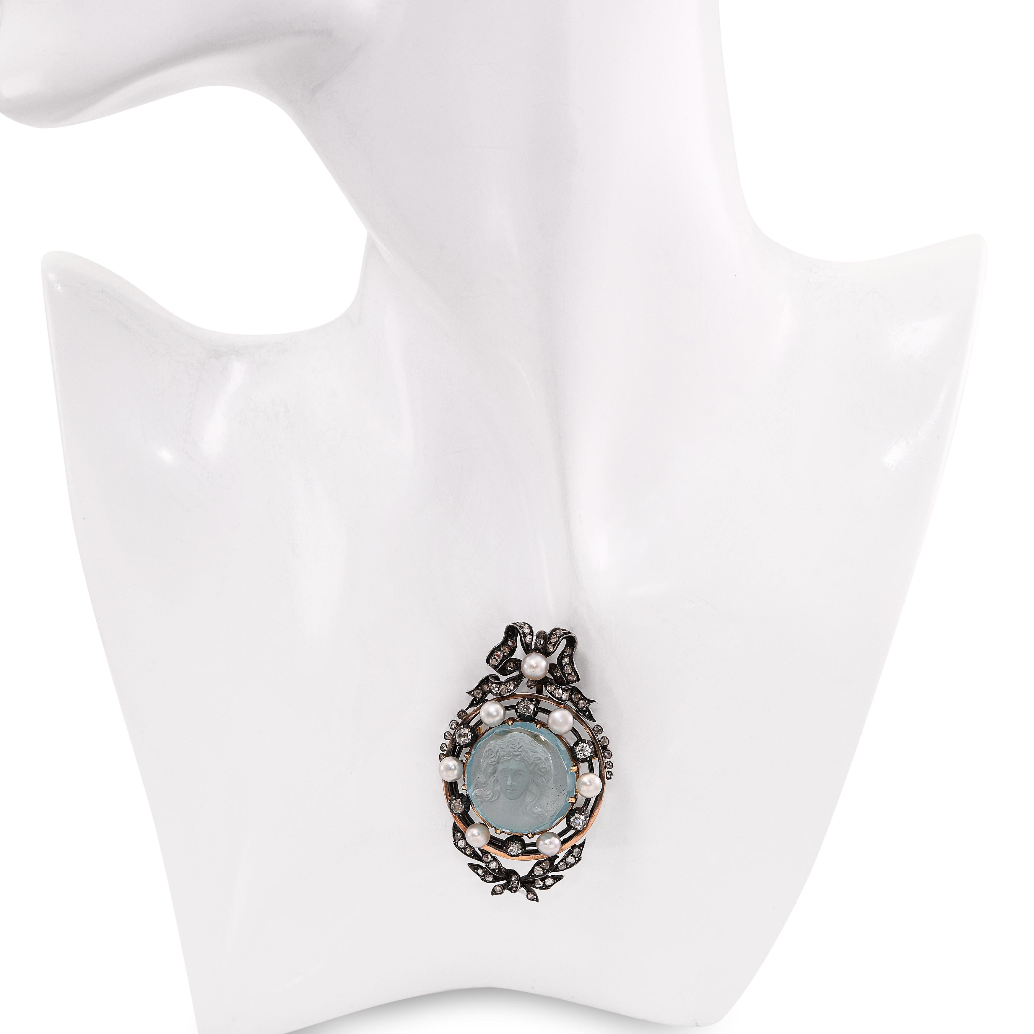 Antique Gold & Silver Edwardian Aquamarine Diamond Pearl Cameo Brooch